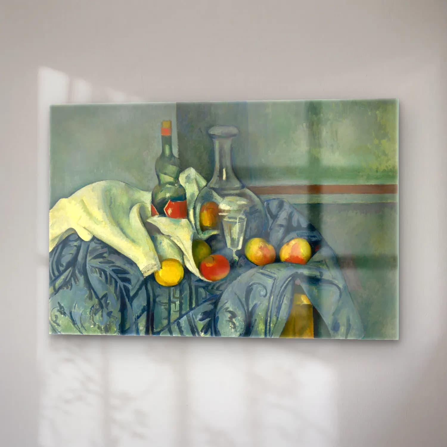 Paul Cezanne – Meyveli Natürmort – Turkuaz Tonlar cam tablo — sağ açıdan görünüm