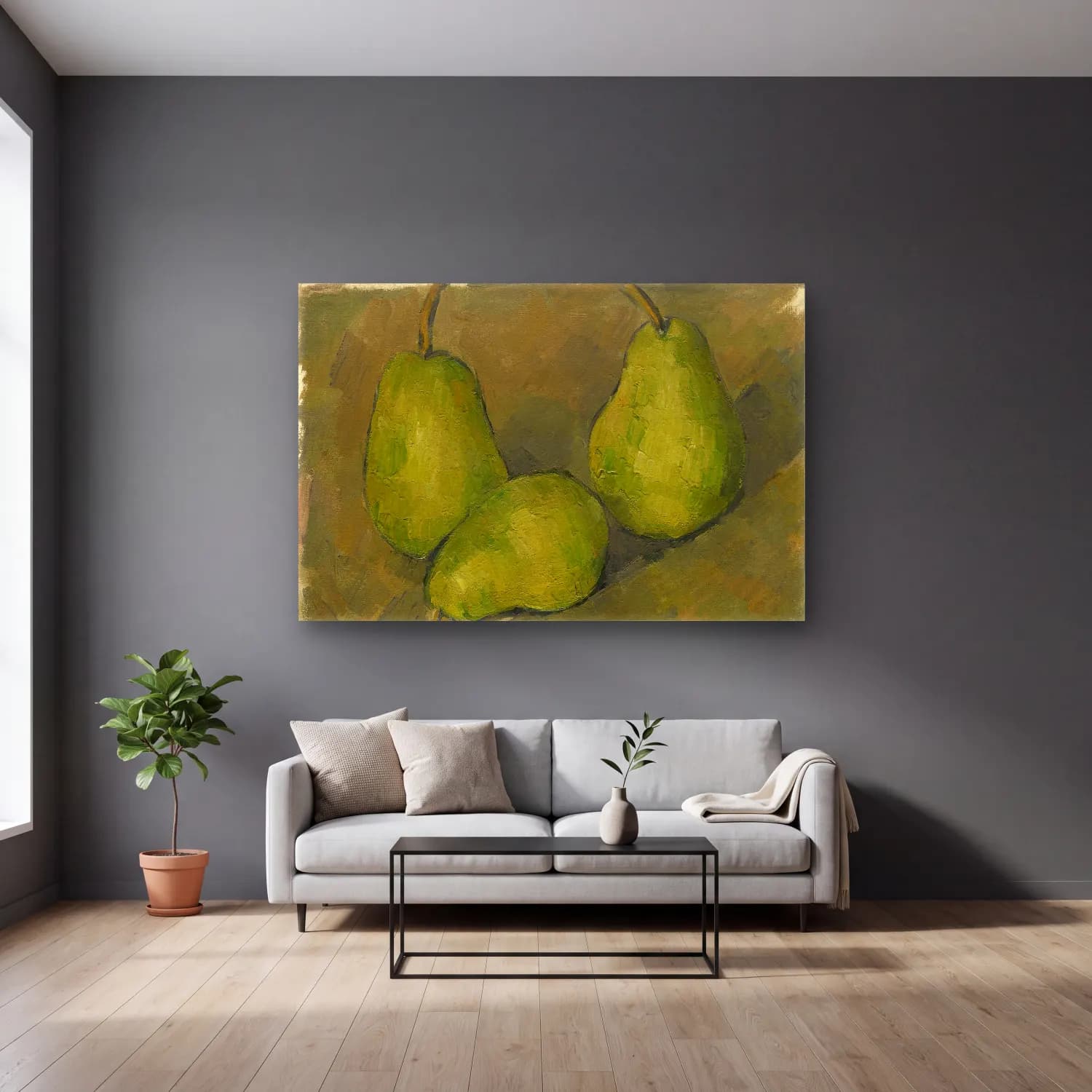 Paul Cezanne – Armut ve Elmalar – Yeşil Tonlar cam tablo — gri duvarlı salonda