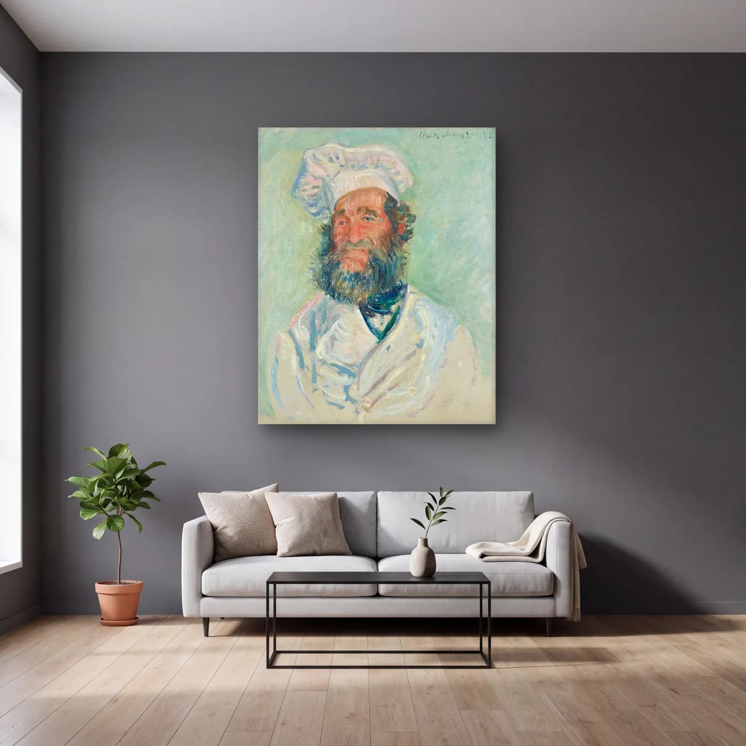 Claude Monet – Erkek Portresi – Pastel Tonlar cam tablo — gri duvarlı salonda