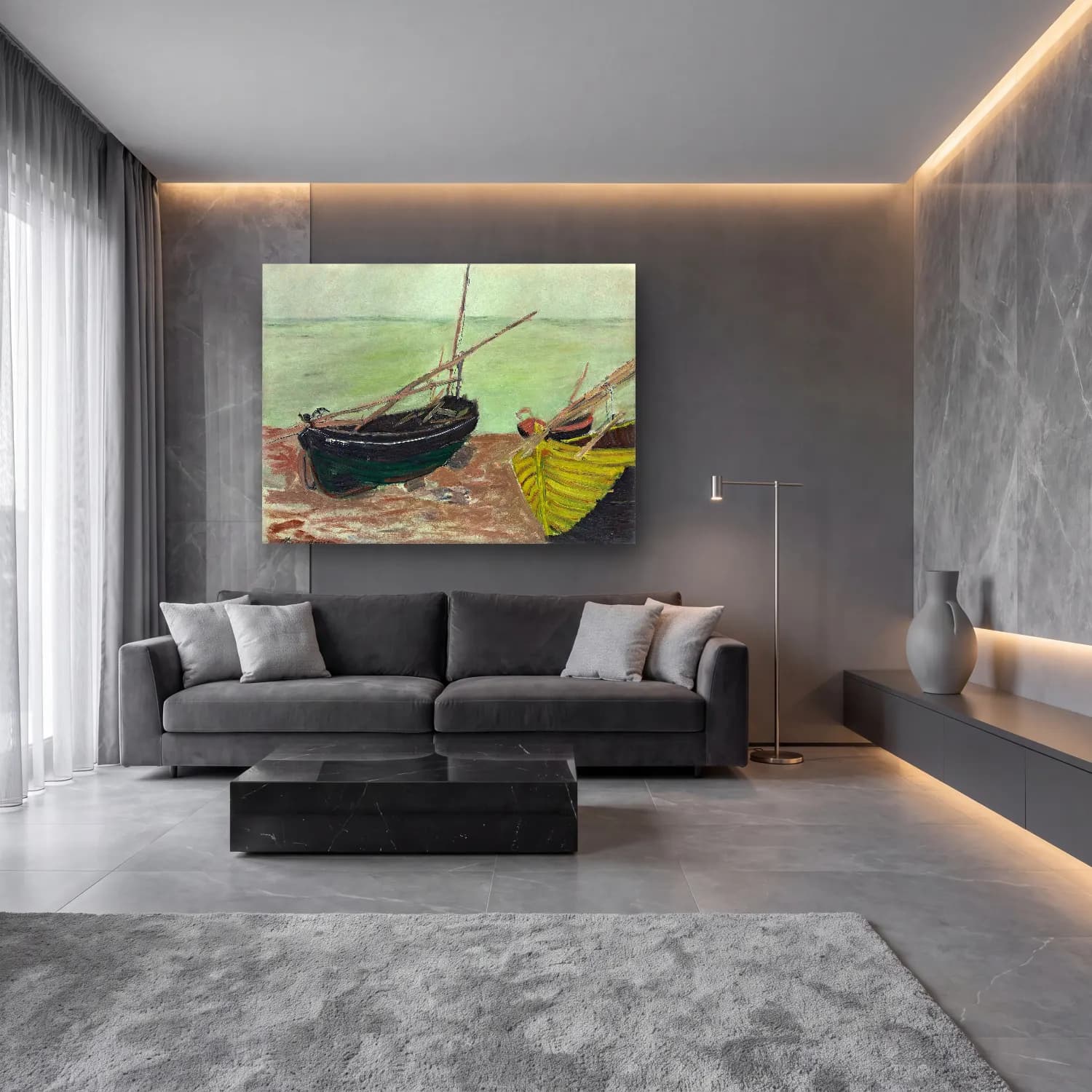 Claude Monet – Yelkenliler cam tablo — lüks salon duvarında