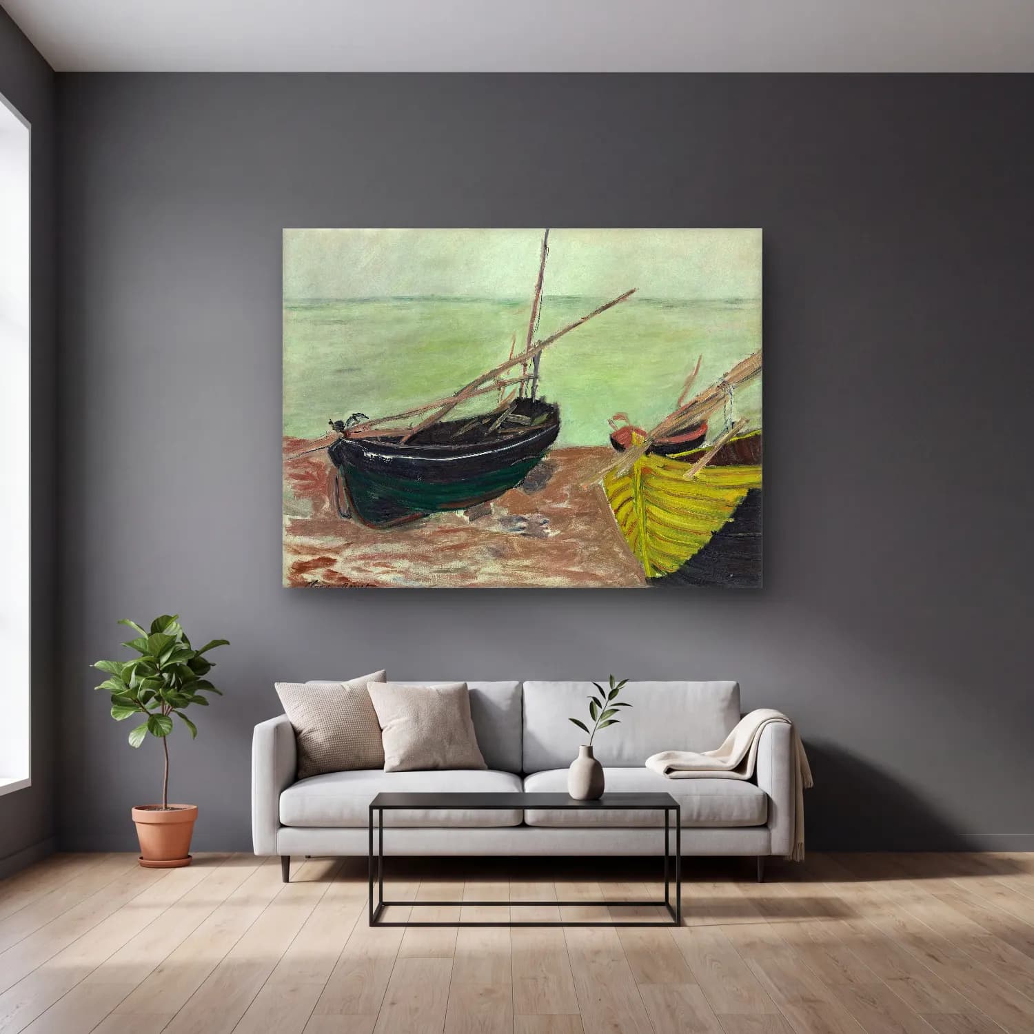 Claude Monet – Yelkenliler cam tablo — gri duvarlı salonda