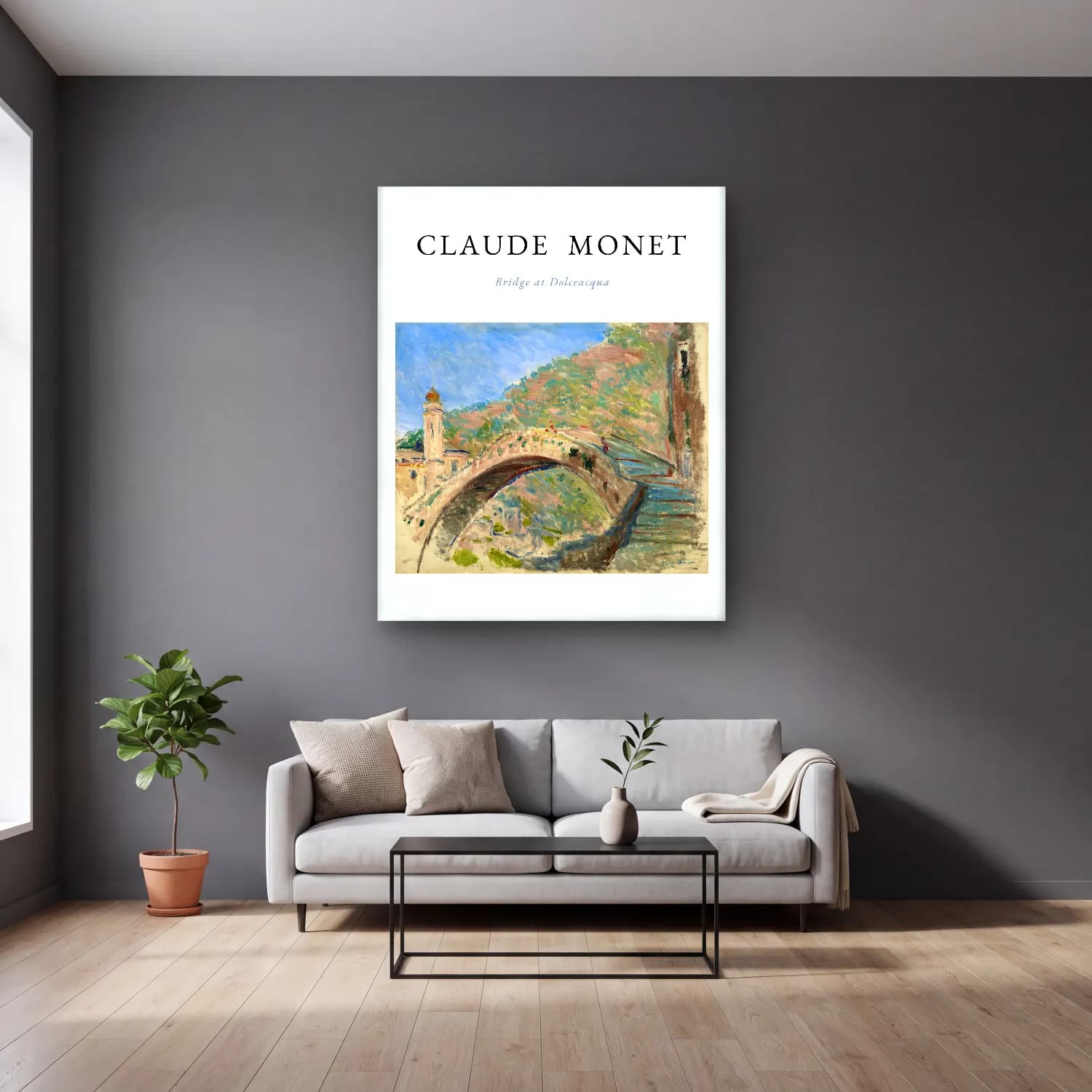 Claude Monet – Köprü – Bej Tonlar cam tablo — gri duvarlı salonda