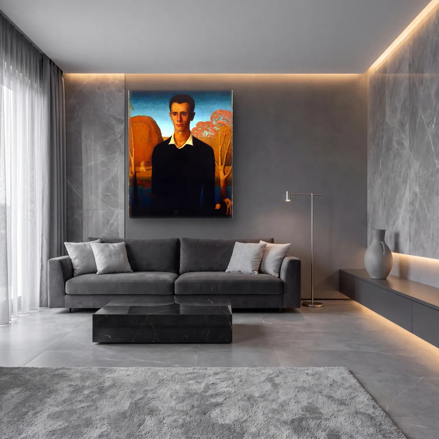 Grant Wood – Erkek Portresi – Sarı Tonlar cam tablo — lüks salon duvarında