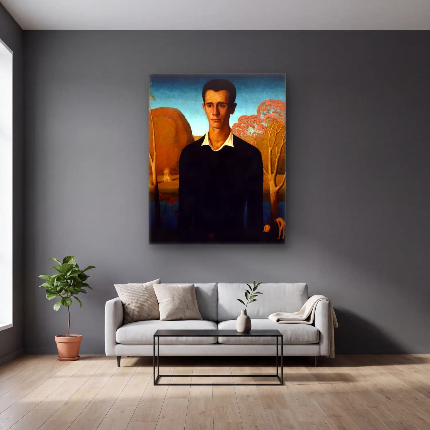 Grant Wood – Erkek Portresi – Sarı Tonlar cam tablo — gri duvarlı salonda
