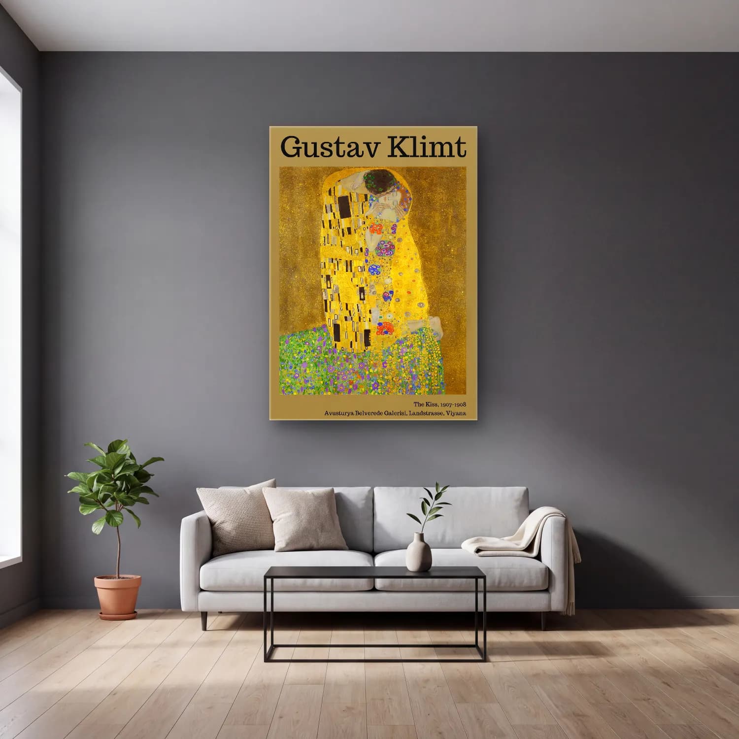 Gustav Klimt – Aşıklar cam tablo — gri duvarlı salonda