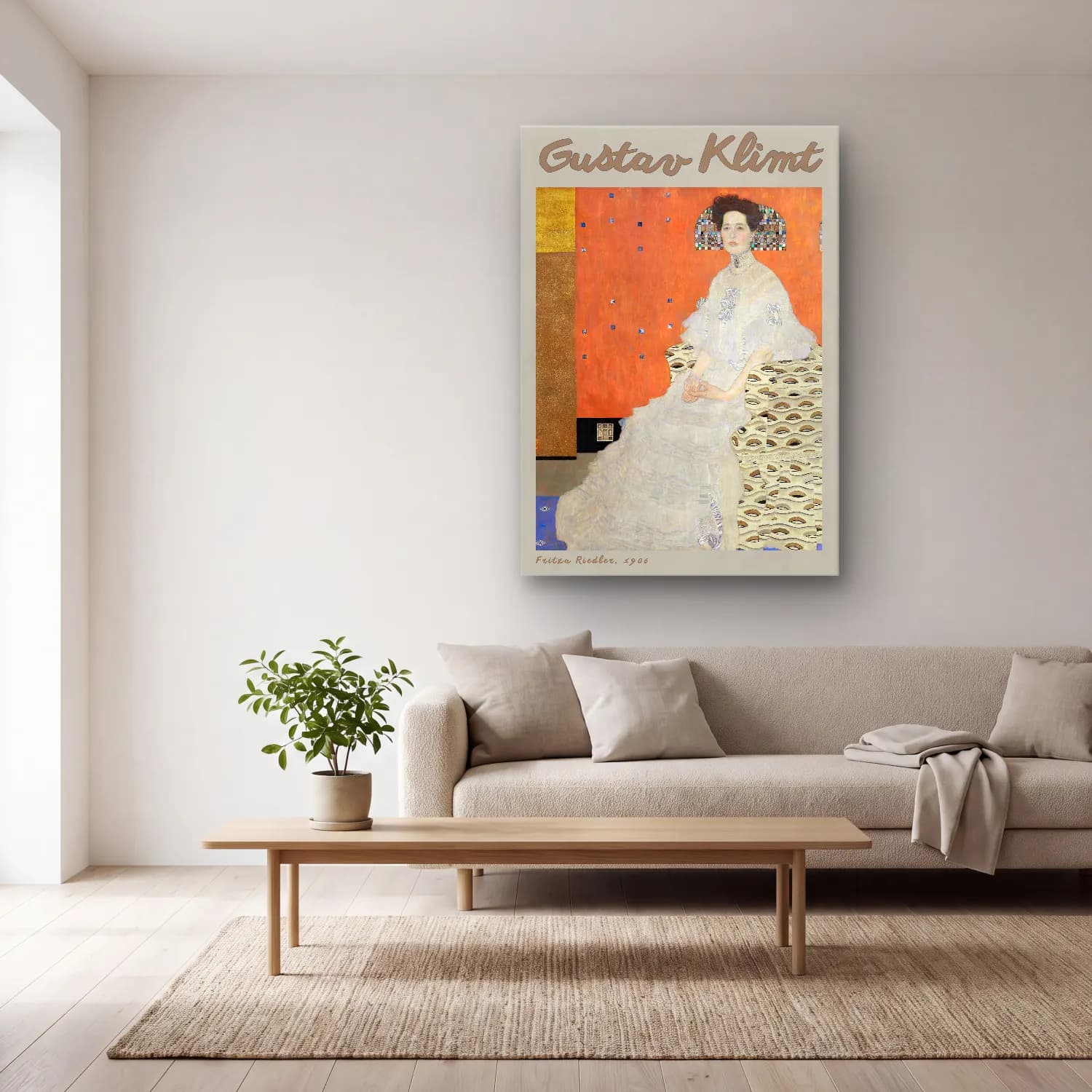 Gustav Klimt – Elbiseli Kadın cam tablo — açık renk salonda