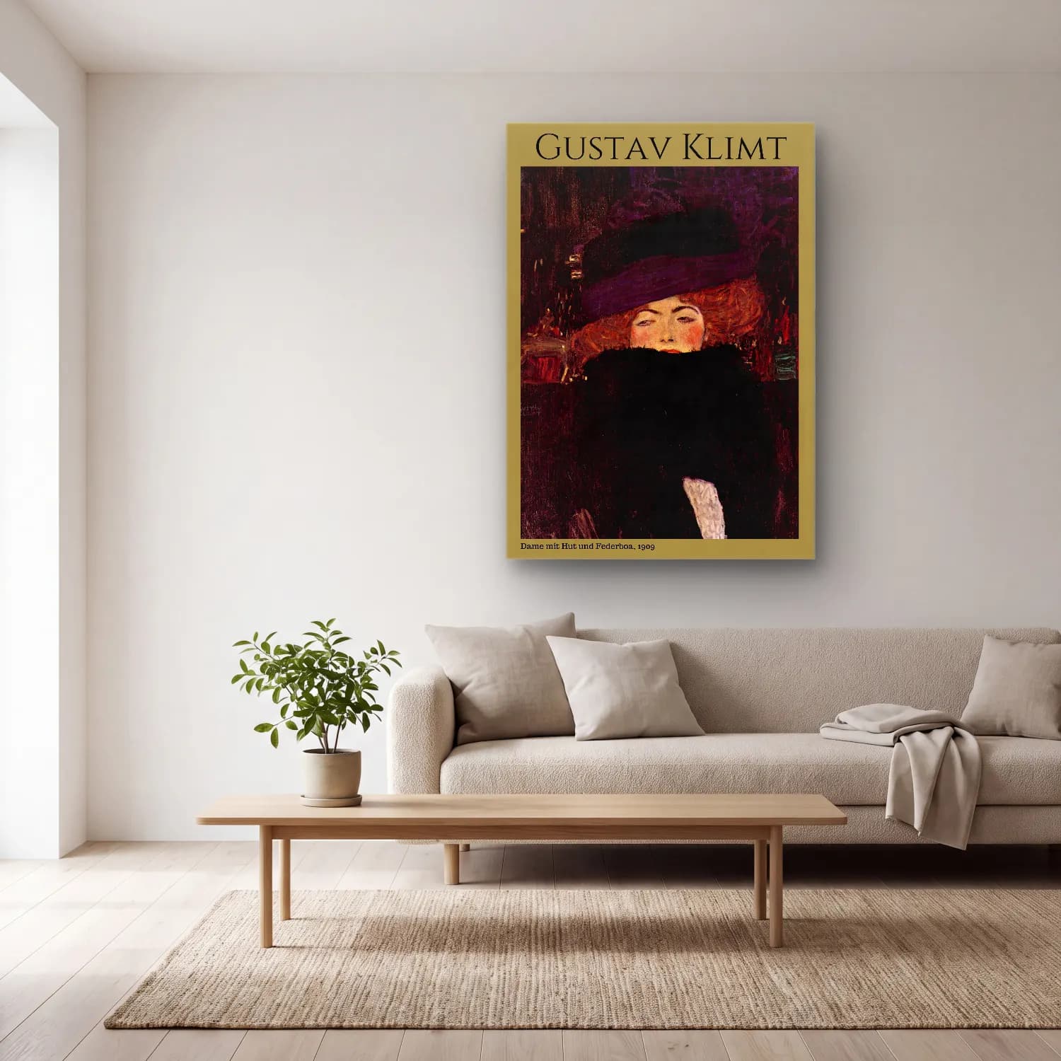 Gustav Klimt – Şapkalı Kadın cam tablo — açık renk salonda