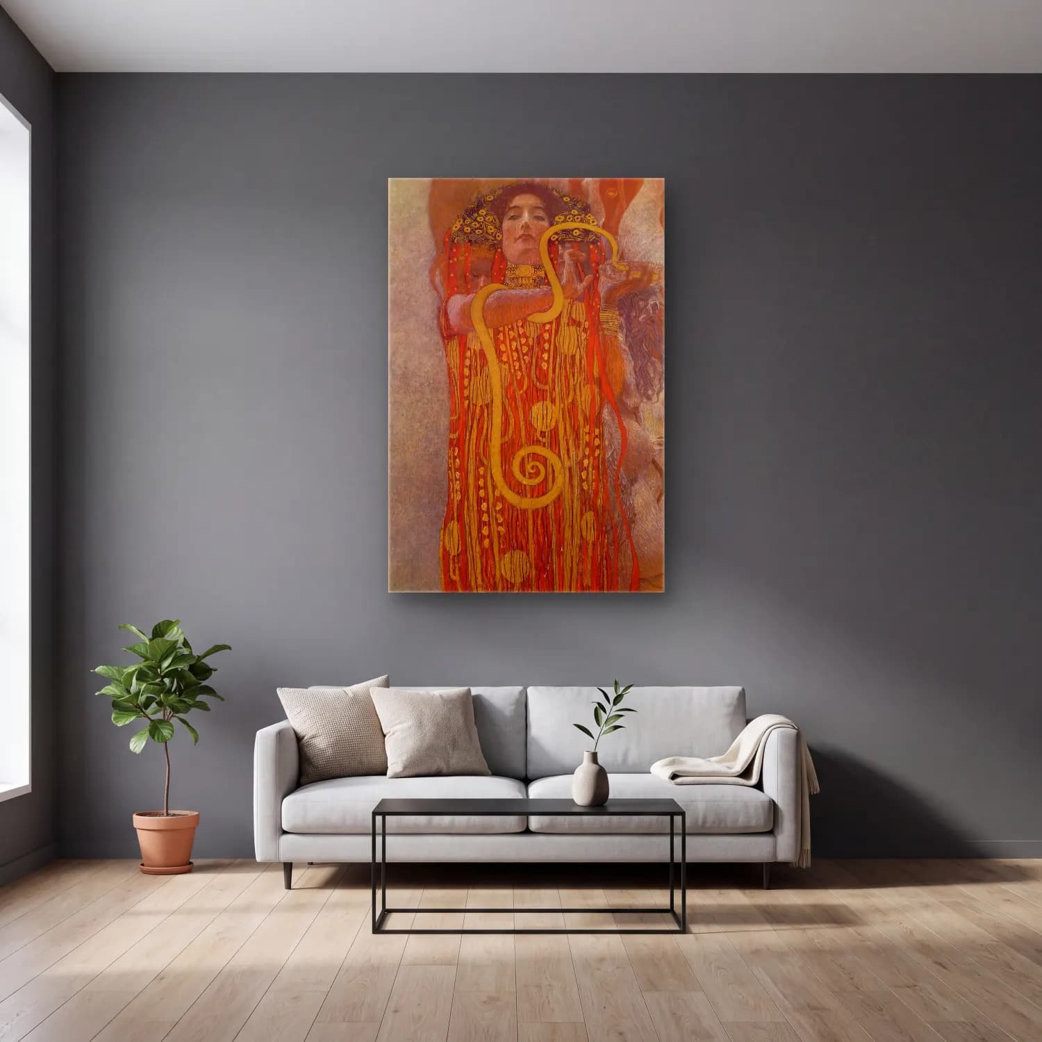 Gustav Klimt – Mitolojik Sahne – Sarı Tonlar cam tablo — gri duvarlı salonda