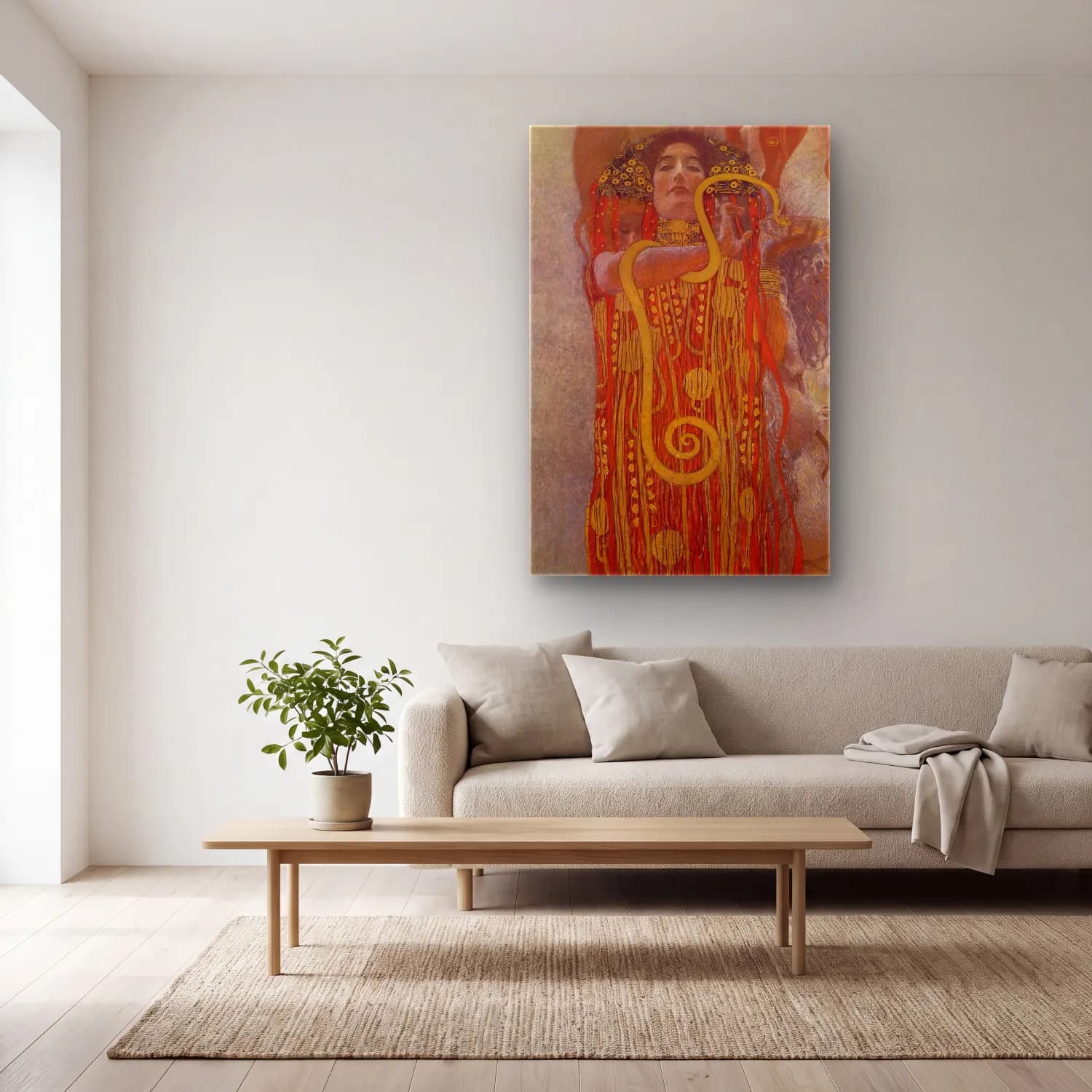 Gustav Klimt – Mitolojik Sahne – Sarı Tonlar cam tablo — açık renk salonda