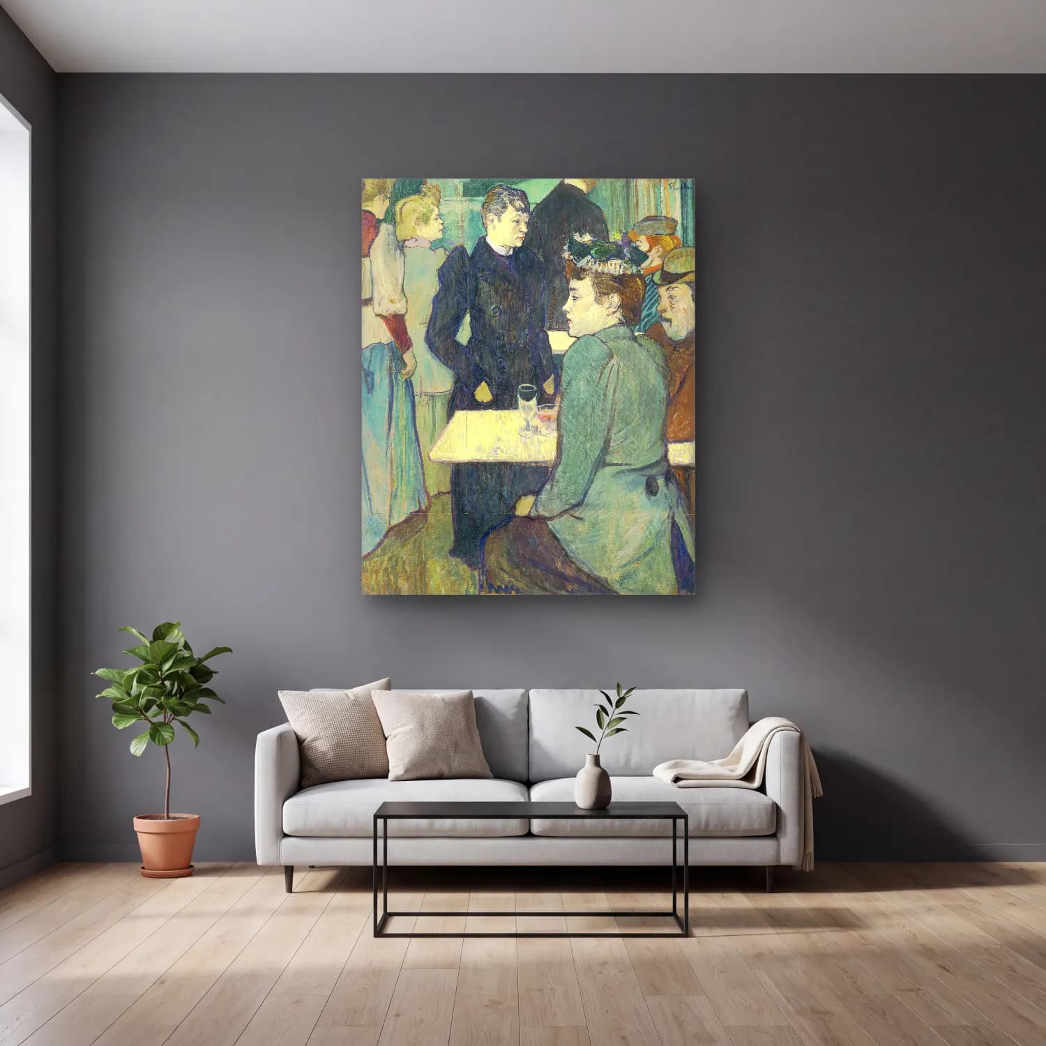 Henri de Toulouse-Lautrec – Kafeli Avrupa Sokağı cam tablo — gri duvarlı salonda