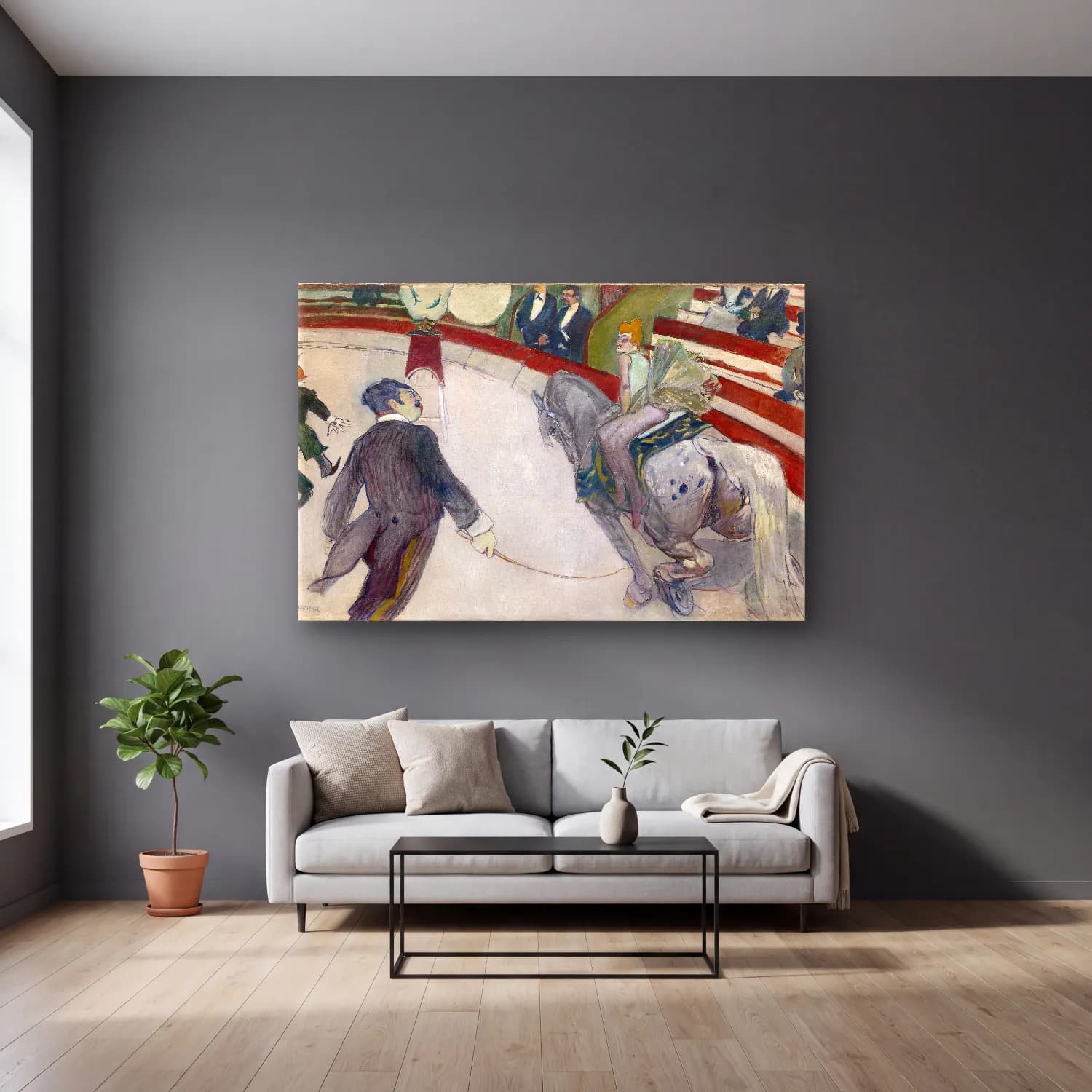 Henri de Toulouse-Lautrec – Atlı – Bej Tonlar cam tablo — gri duvarlı salonda