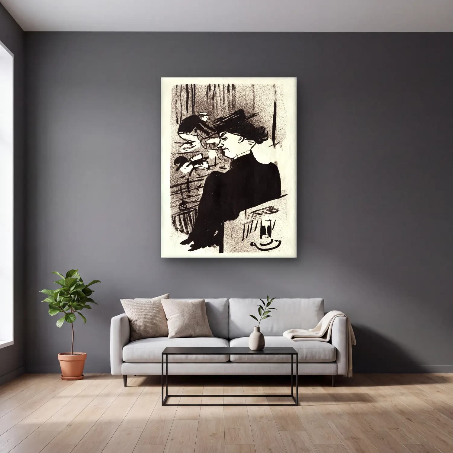 Henri de Toulouse-Lautrec – Şapkalı Kadın – Siyah Beyaz Tonlar cam tablo — gri duvarlı salonda