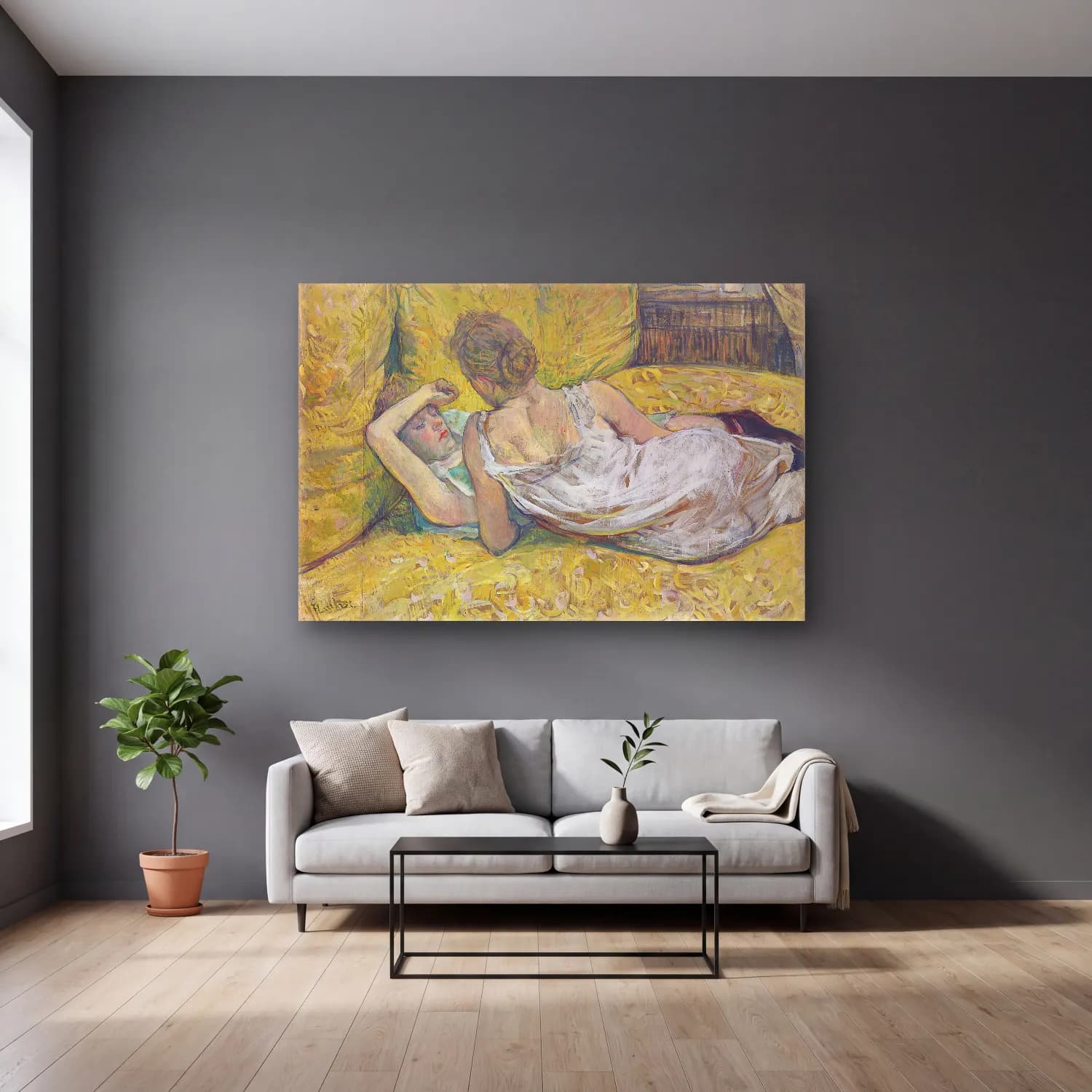 Henri de Toulouse-Lautrec – Aşıklar cam tablo — gri duvarlı salonda