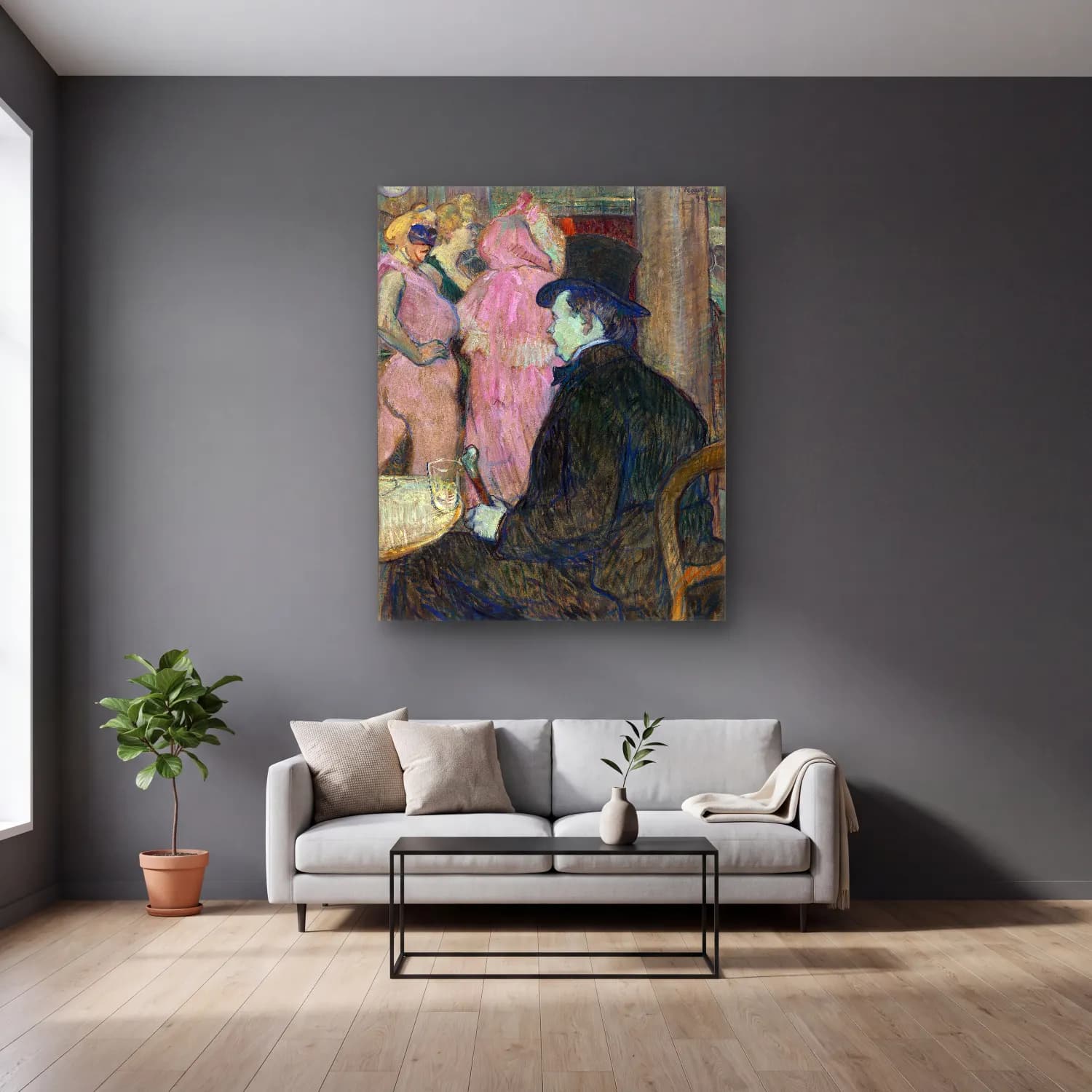 Henri de Toulouse-Lautrec – Kadeh Şarap cam tablo — gri duvarlı salonda