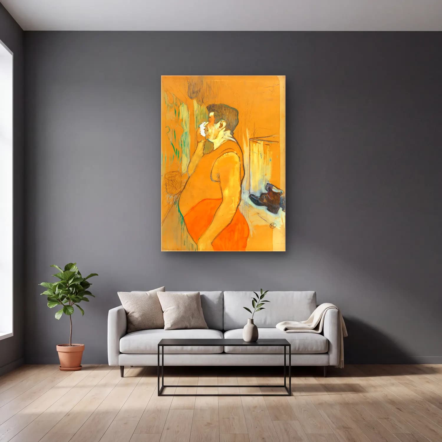 Henri de Toulouse-Lautrec – Elbiseli Kadın No. 8 cam tablo — gri duvarlı salonda