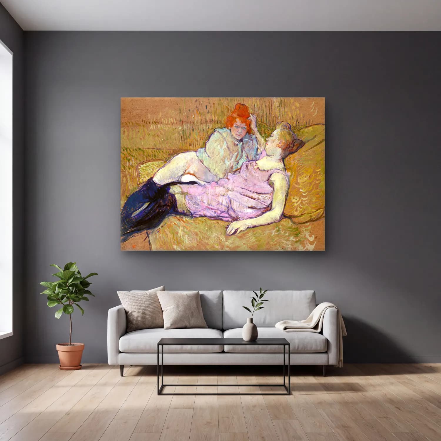 Henri de Toulouse-Lautrec – Anne ve Çocuk cam tablo — gri duvarlı salonda