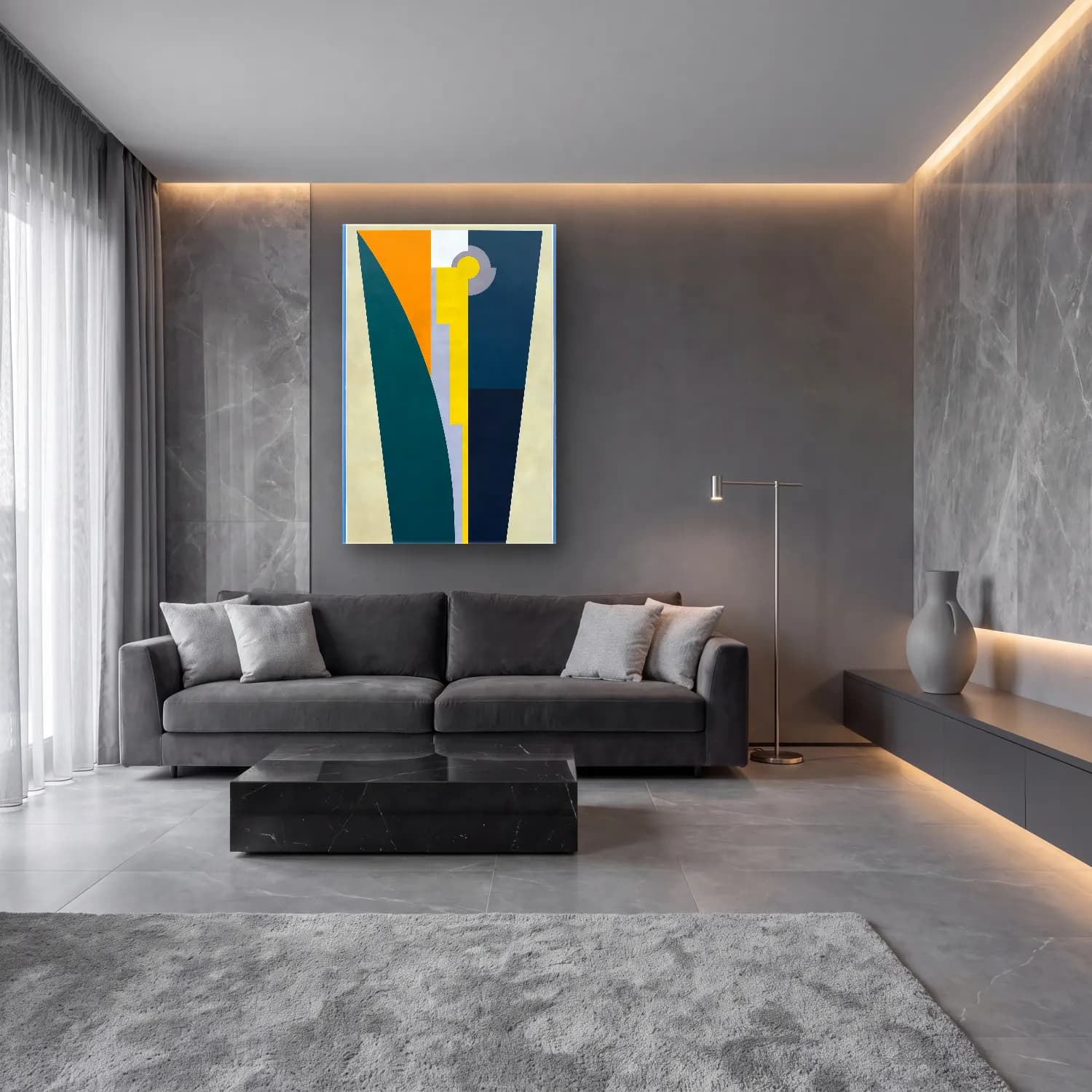 Modern Soyut Kemer No. 21 cam tablo — lüks salon duvarında