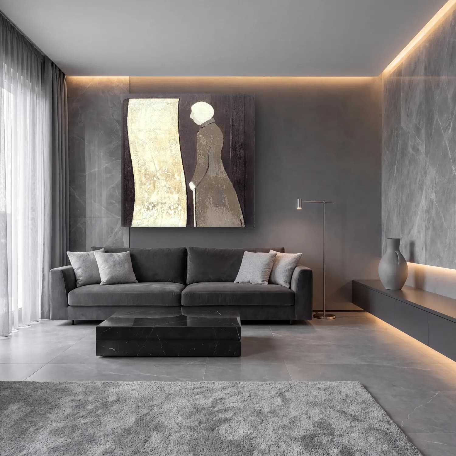 Modern Soyut Kadın Silueti – Siyah Beyaz Tonlar cam tablo — lüks salon duvarında