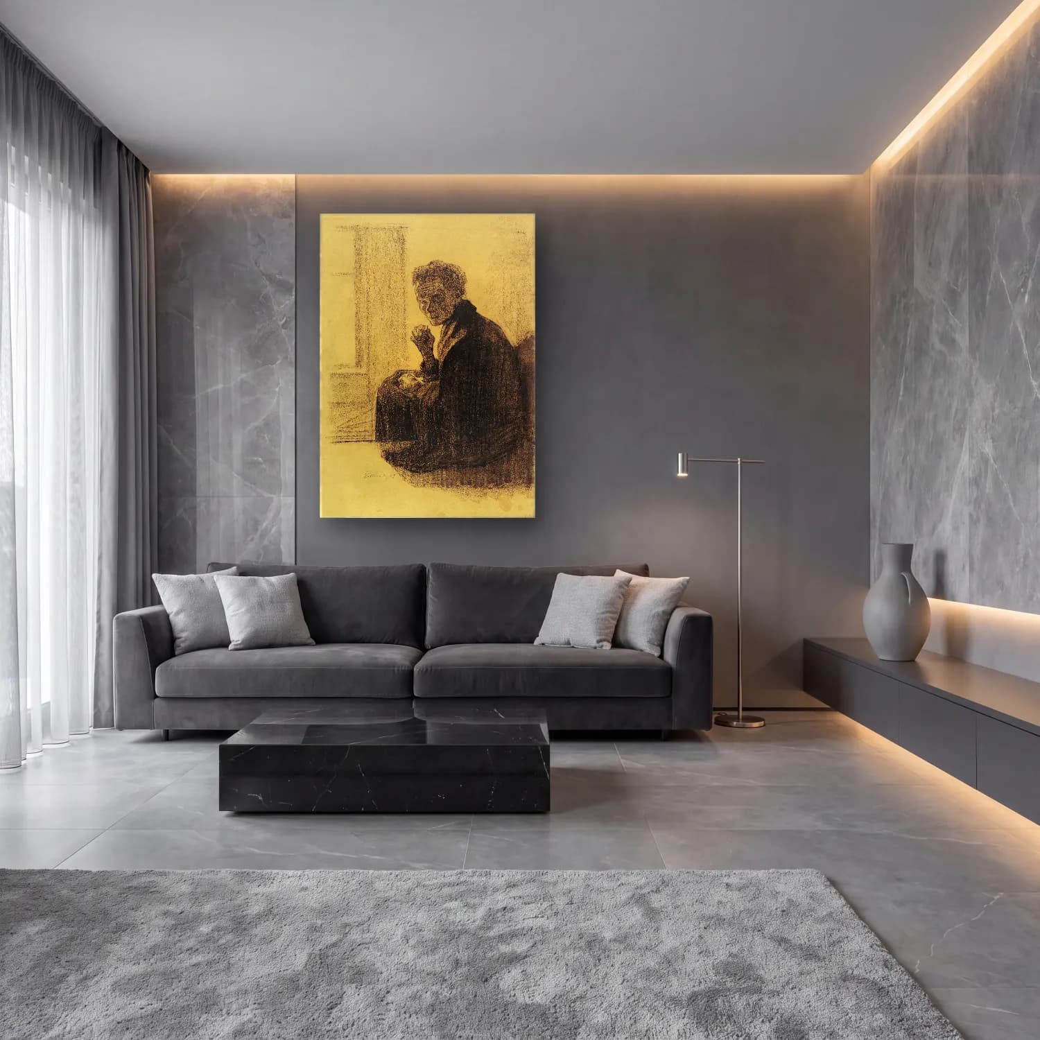 Siyah Beyaz Erkek Portresi No. 6 cam tablo — lüks salon duvarında