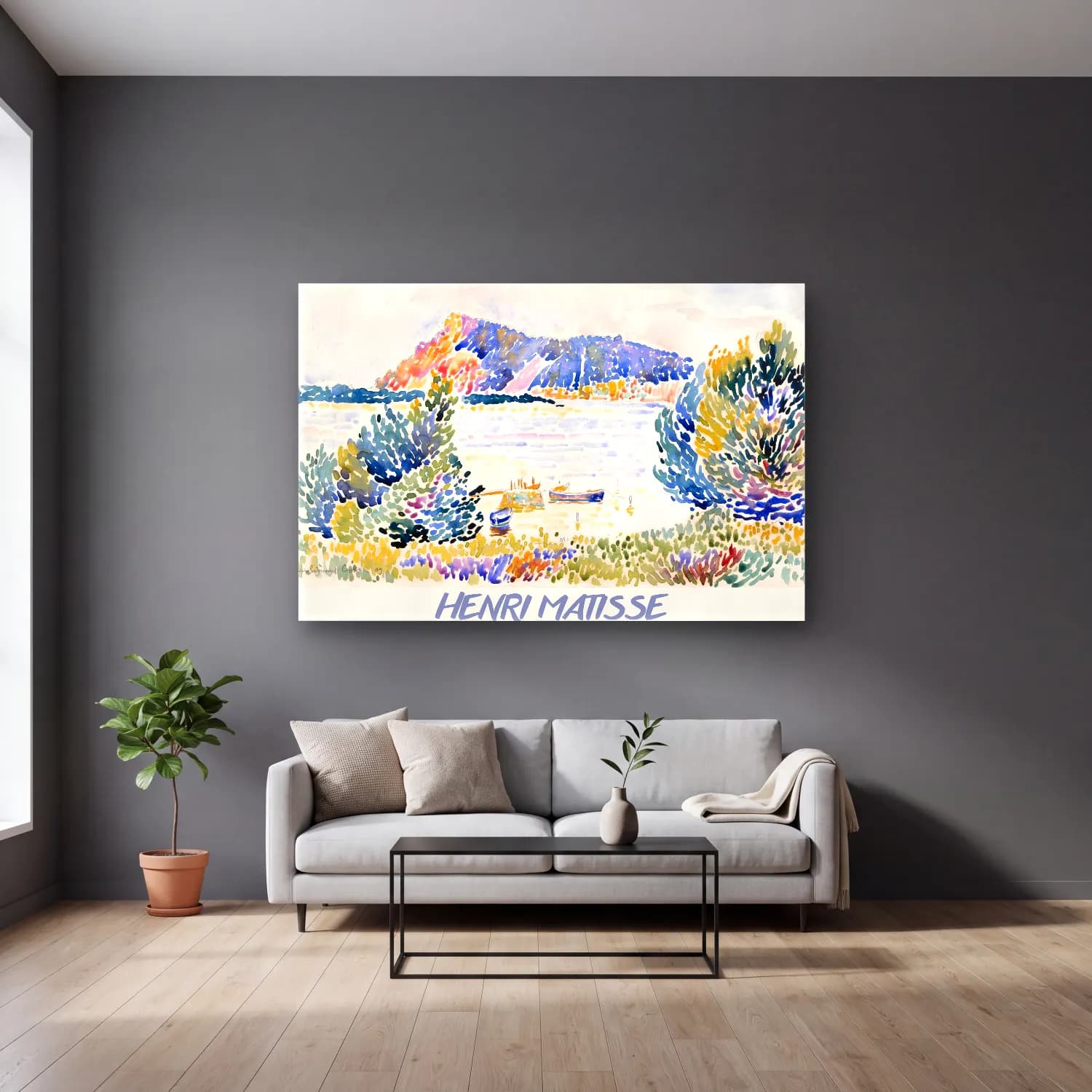 Henri Matisse – Liman ve Tekneler – Pastel Tonlar cam tablo — gri duvarlı salonda