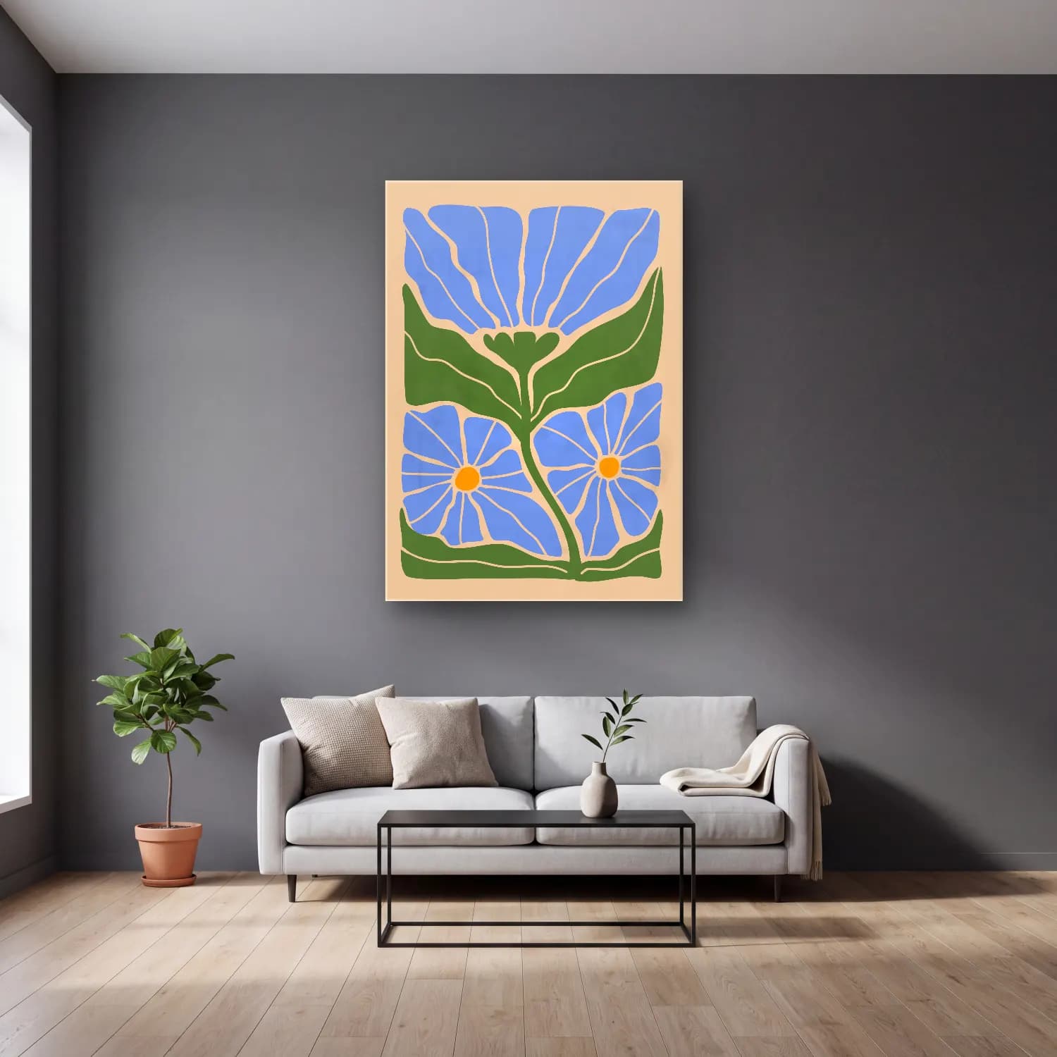 Henri Matisse – Çiçek Deseni No. 4 cam tablo — gri duvarlı salonda