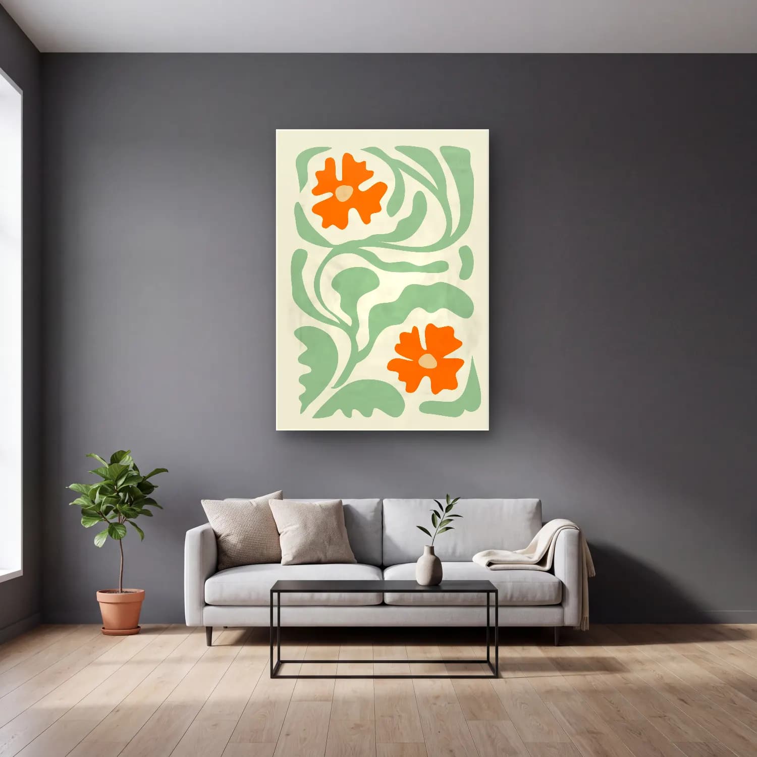 Henri Matisse – Çiçek Deseni – Turuncu Tonlar cam tablo — gri duvarlı salonda