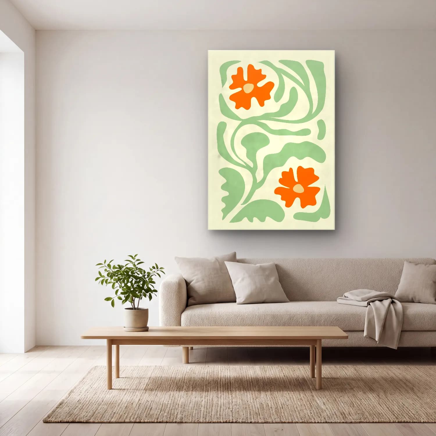 Henri Matisse – Çiçek Deseni – Turuncu Tonlar cam tablo — açık renk salonda