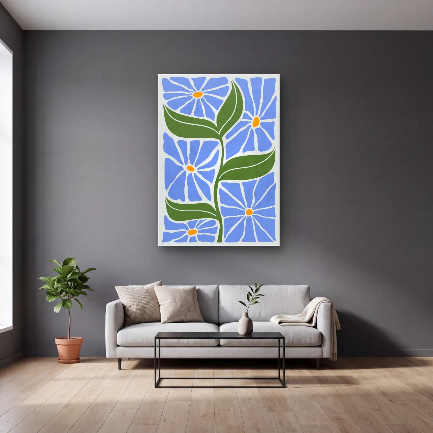 Henri Matisse – Çiçek Deseni No. 11 cam tablo — gri duvarlı salonda