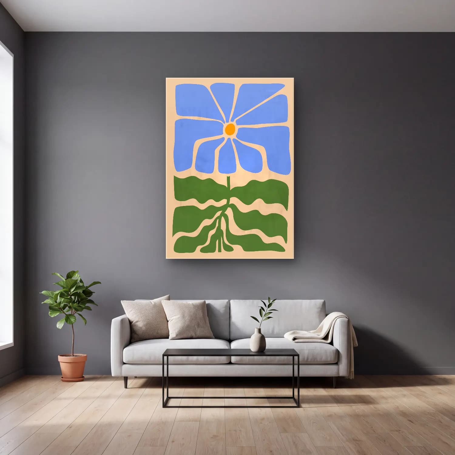 Henri Matisse – Çiçek Deseni No. 5 cam tablo — gri duvarlı salonda
