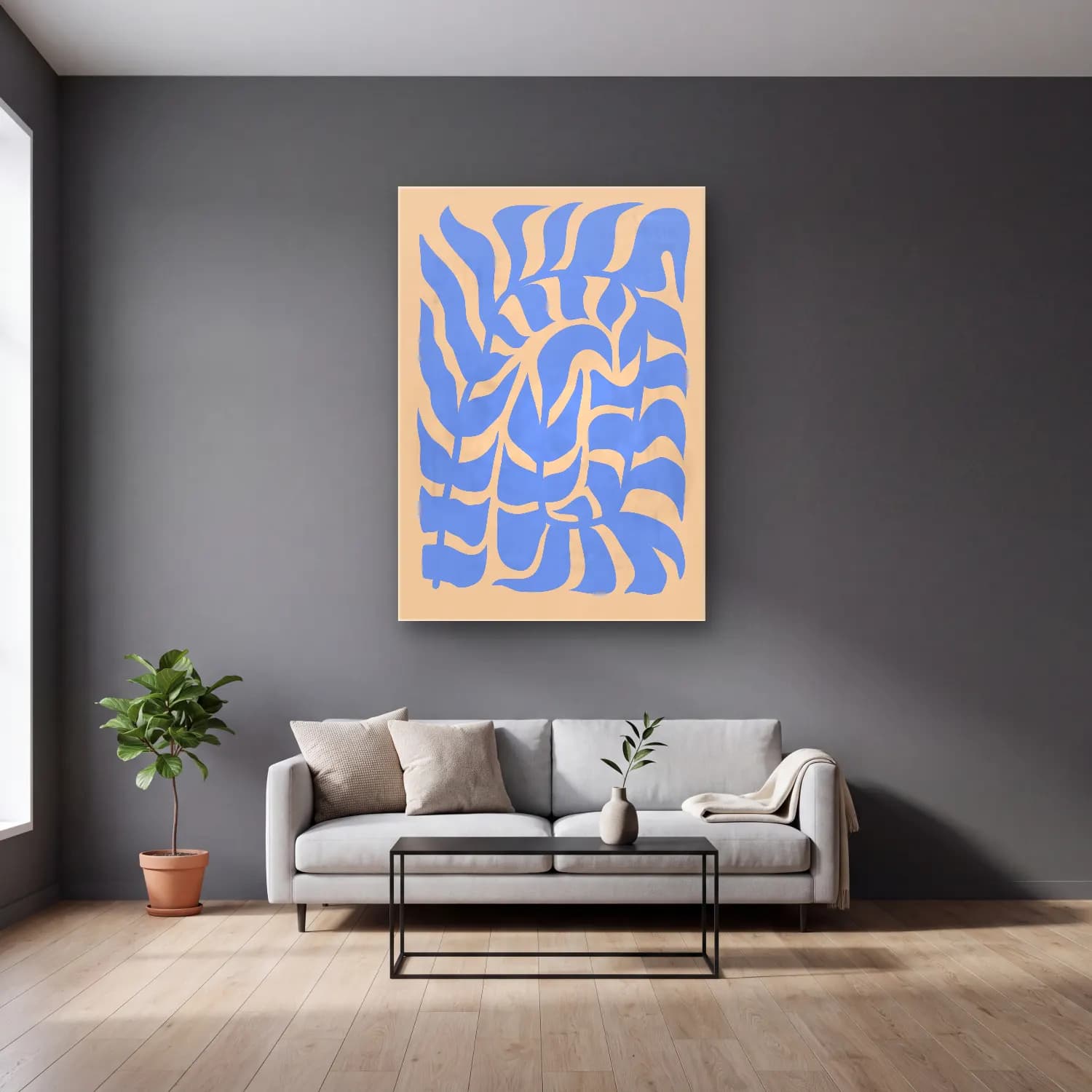 Henri Matisse – Çiçek Deseni – Mavi Tonlar cam tablo — gri duvarlı salonda