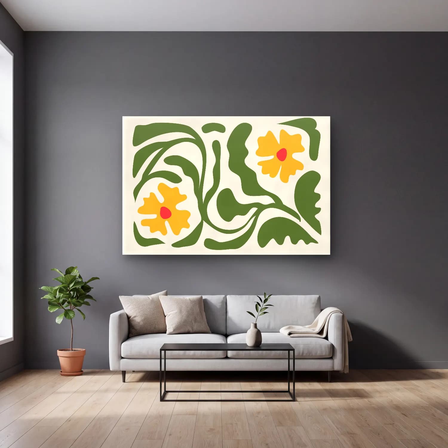 Henri Matisse – Çiçek Deseni No. 19 cam tablo — gri duvarlı salonda