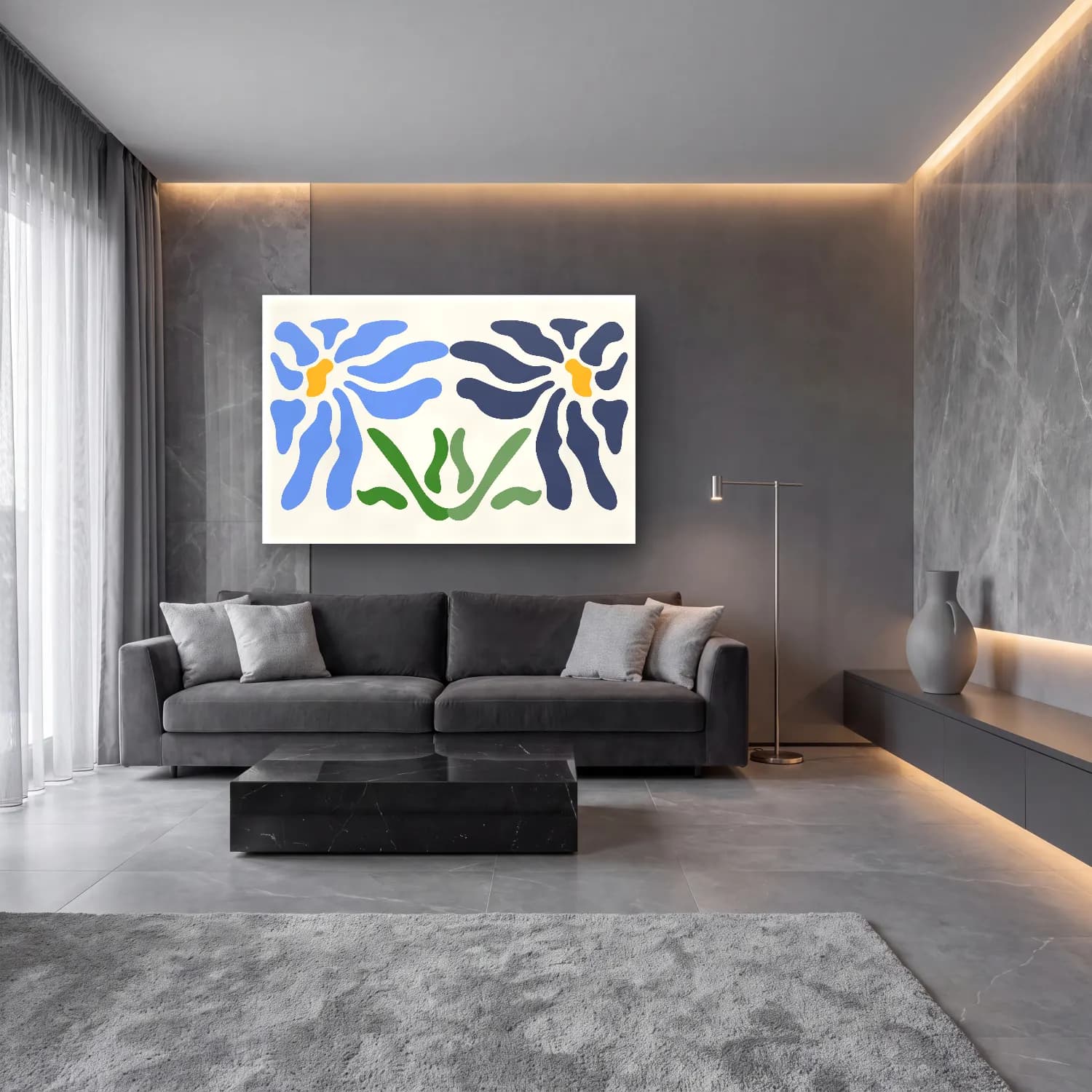 Henri Matisse – Çiçek Deseni No. 22 cam tablo — lüks salon duvarında