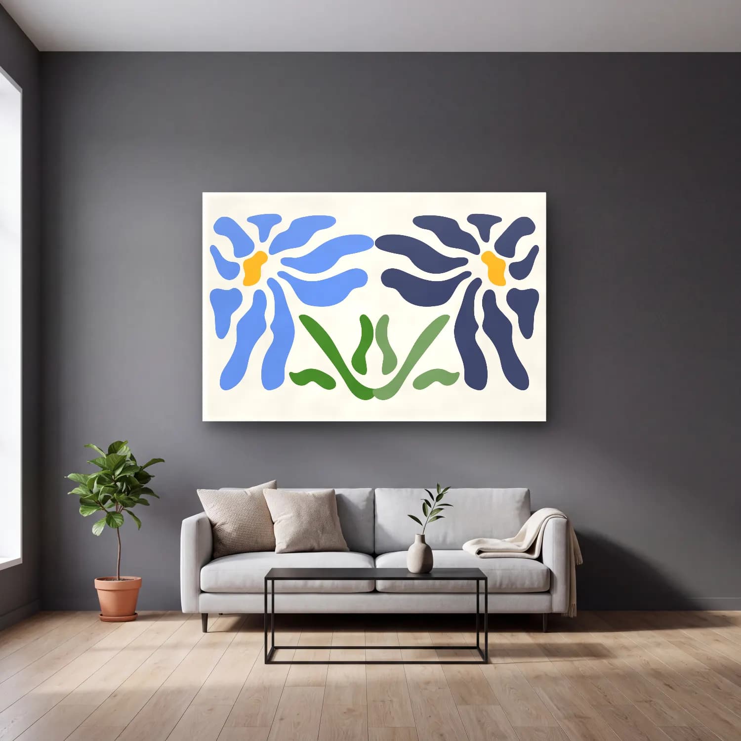 Henri Matisse – Çiçek Deseni No. 22 cam tablo — gri duvarlı salonda