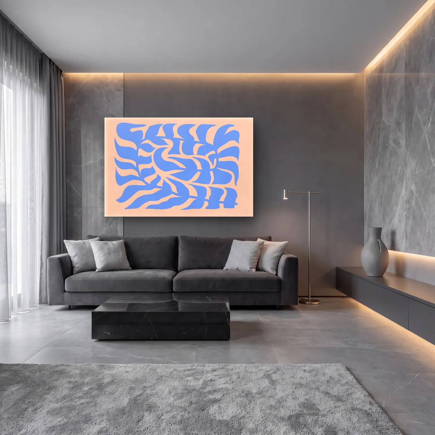 Henri Matisse – Dalgalı Çizgiler – Mavi Tonlar cam tablo — lüks salon duvarında
