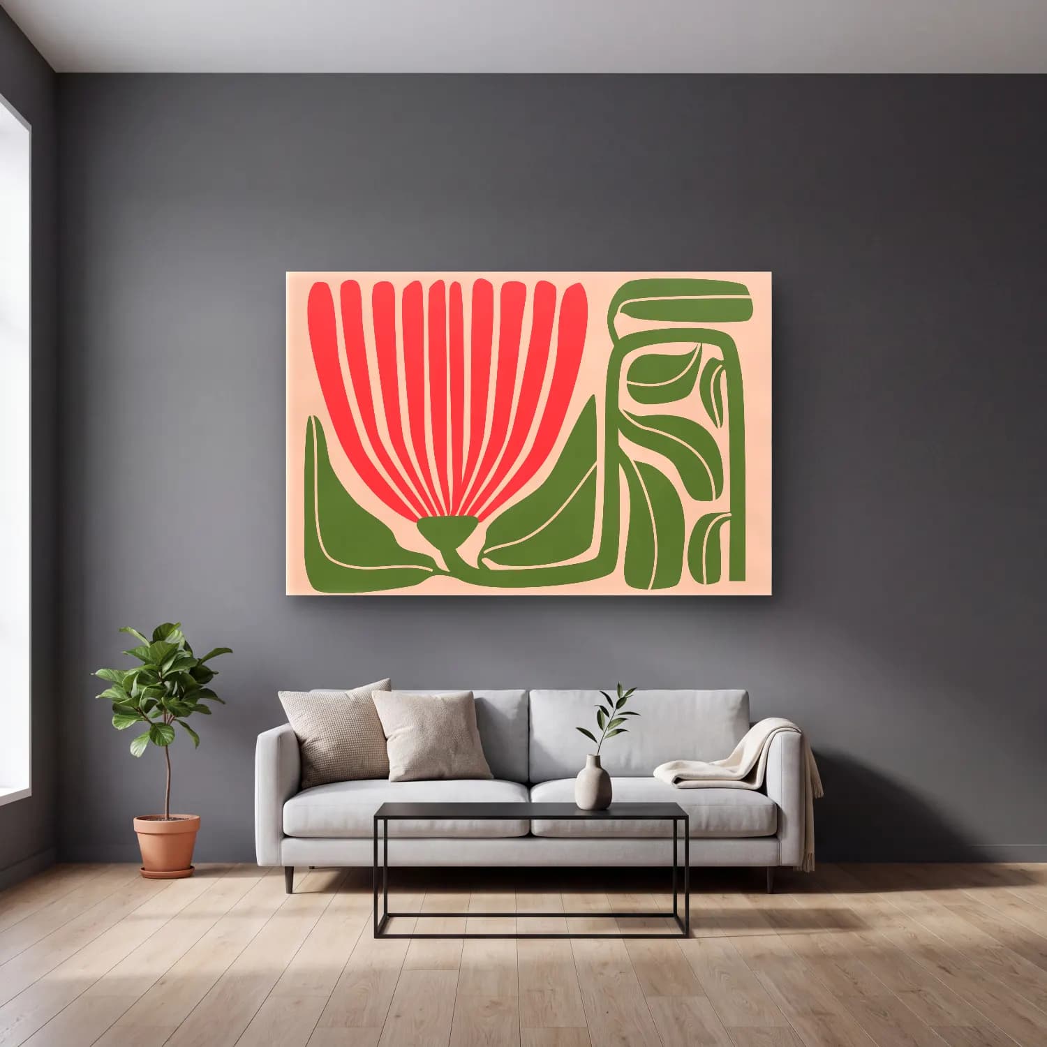 Henri Matisse – Çiçek Deseni – Pembe Tonlar cam tablo — gri duvarlı salonda
