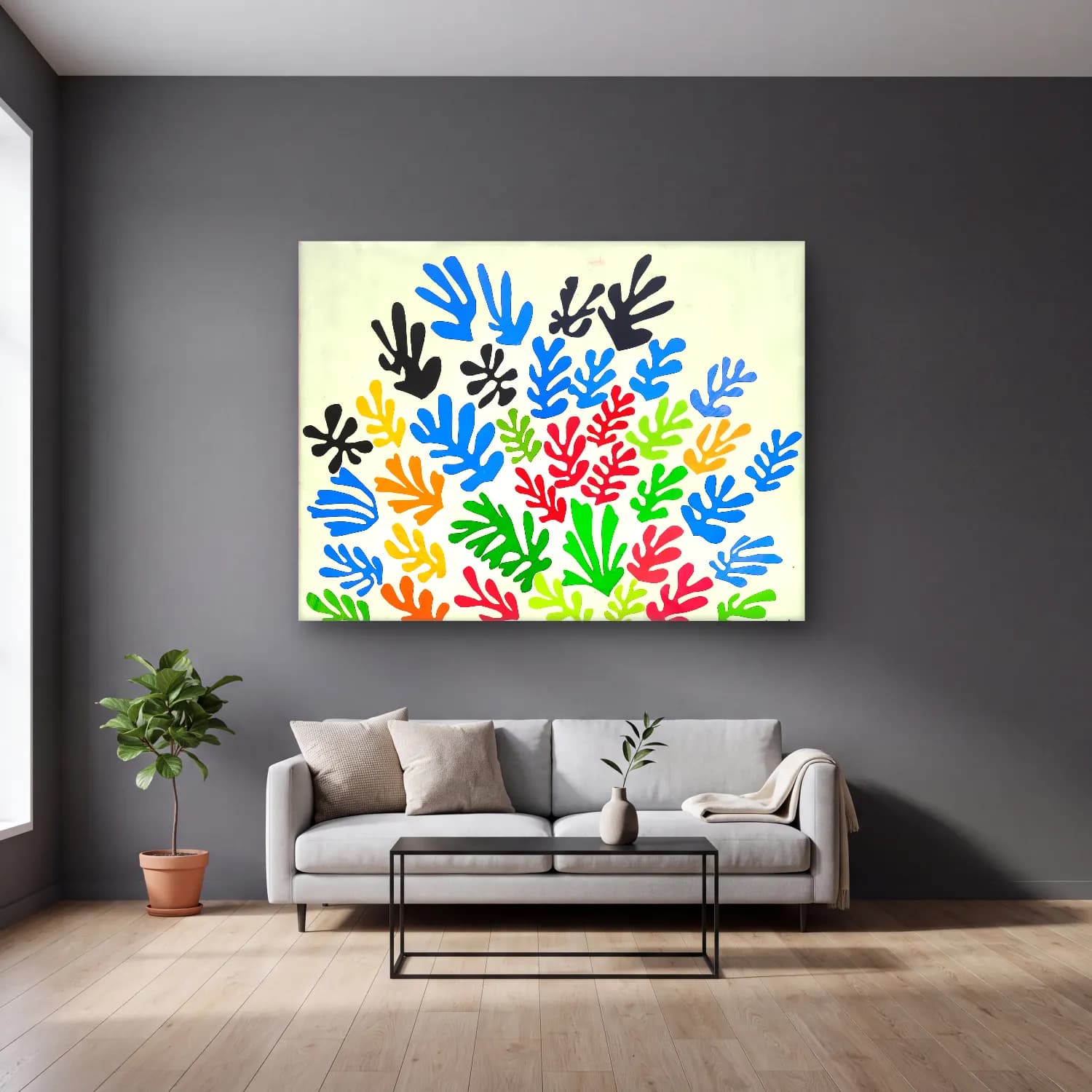Henri Matisse – Eller cam tablo — gri duvarlı salonda