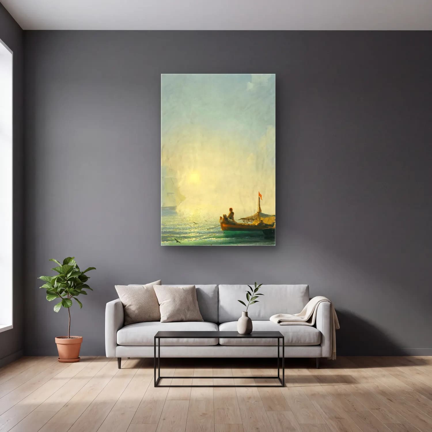 Konstantinovich Aivazovsky – Fishermen At Dawn, Naples – Turuncu Tonlar cam tablo — gri duvarlı salonda