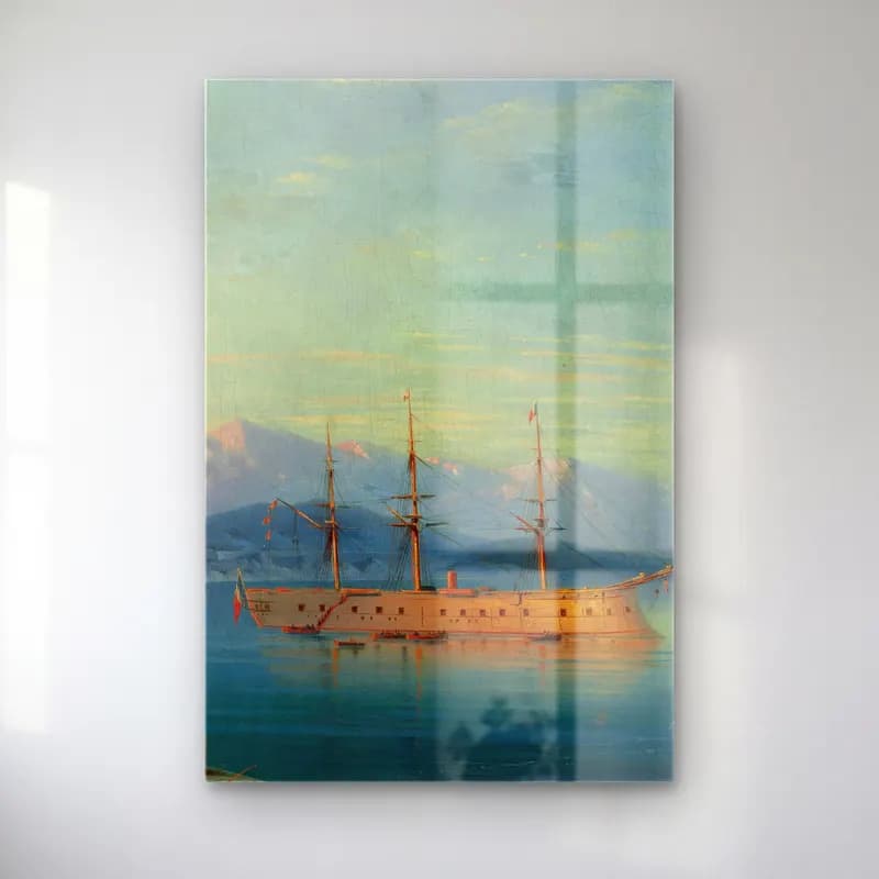 Konstantinovich Aivazovsky – French Ships Departing the Black Sea – Pembe Tonlar cam tablo — Konstantinovich Aivazovsky – French Ships Departing the Black Sea – Pembe Tonlar — yağlı boya fırtınalı denizde gemi