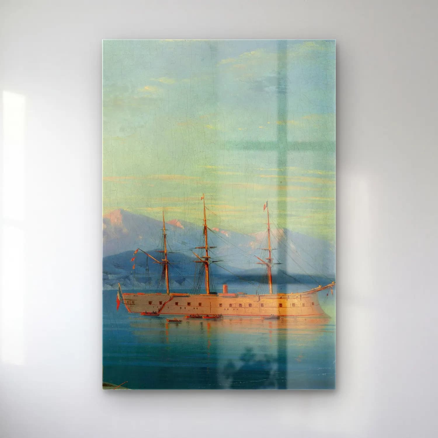 Konstantinovich Aivazovsky – French Ships Departing the Black Sea – Pembe Tonlar cam tablo — Konstantinovich Aivazovsky – French Ships Departing the Black Sea – Pembe Tonlar — yağlı boya fırtınalı denizde gemi