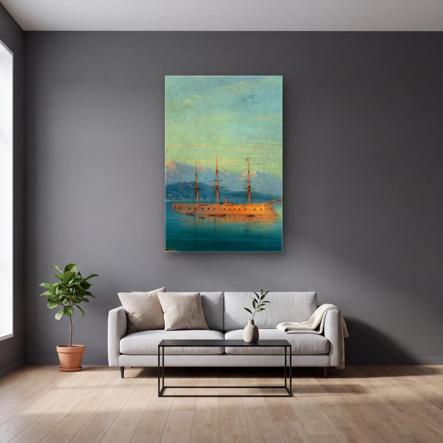 Konstantinovich Aivazovsky – French Ships Departing the Black Sea – Pembe Tonlar cam tablo — gri duvarlı salonda