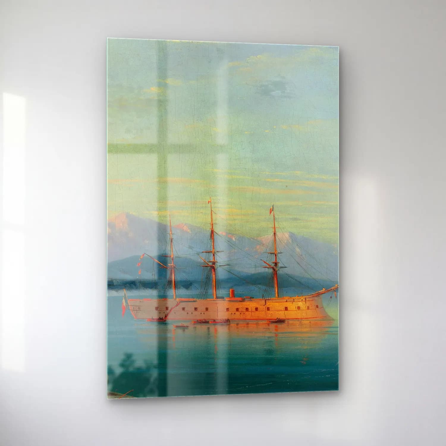 Konstantinovich Aivazovsky – French Ships Departing the Black Sea – Pembe Tonlar cam tablo — sol açıdan görünüm