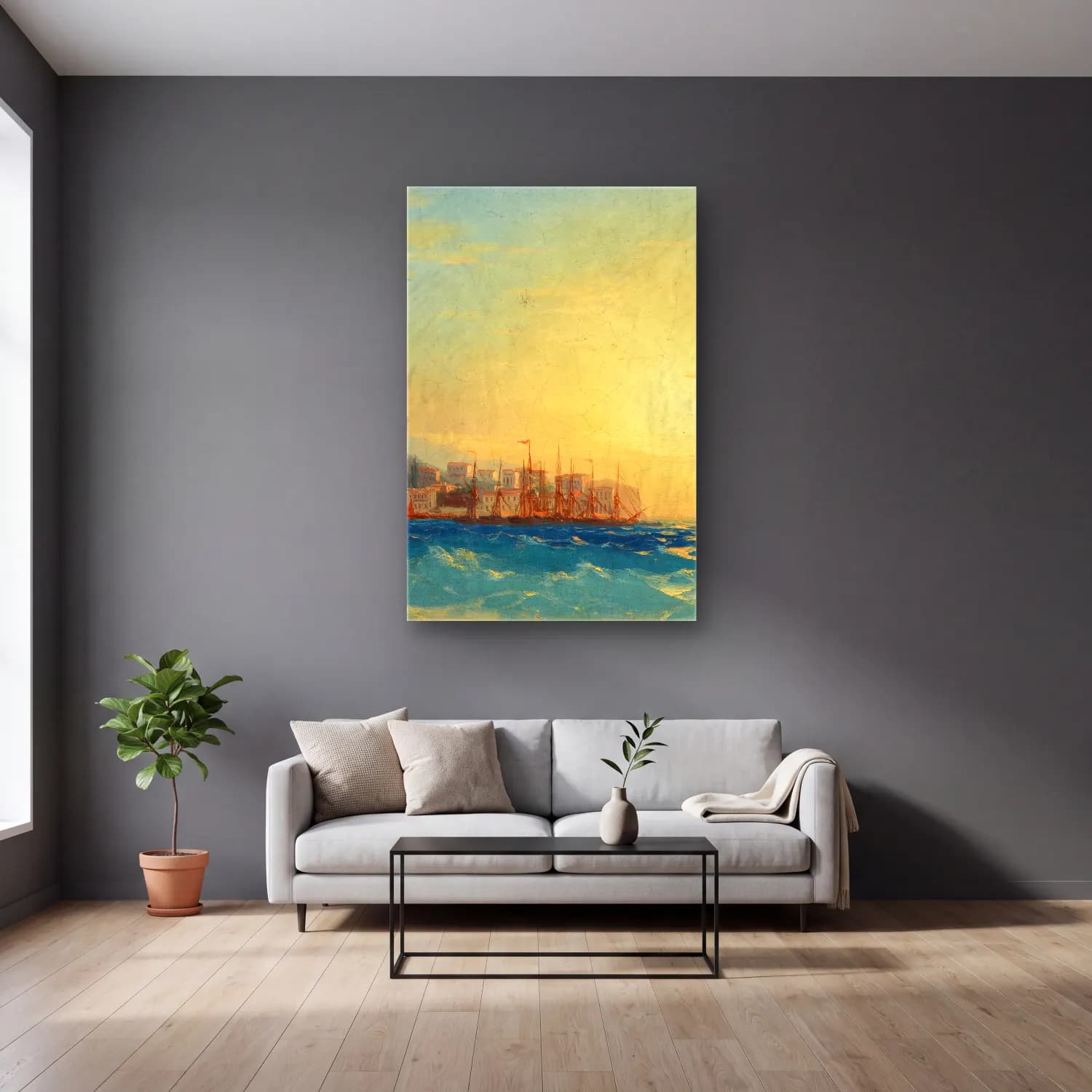 Konstantinovich Aivazovsky – Harbor with Ships – Pastel Tonlar cam tablo — gri duvarlı salonda