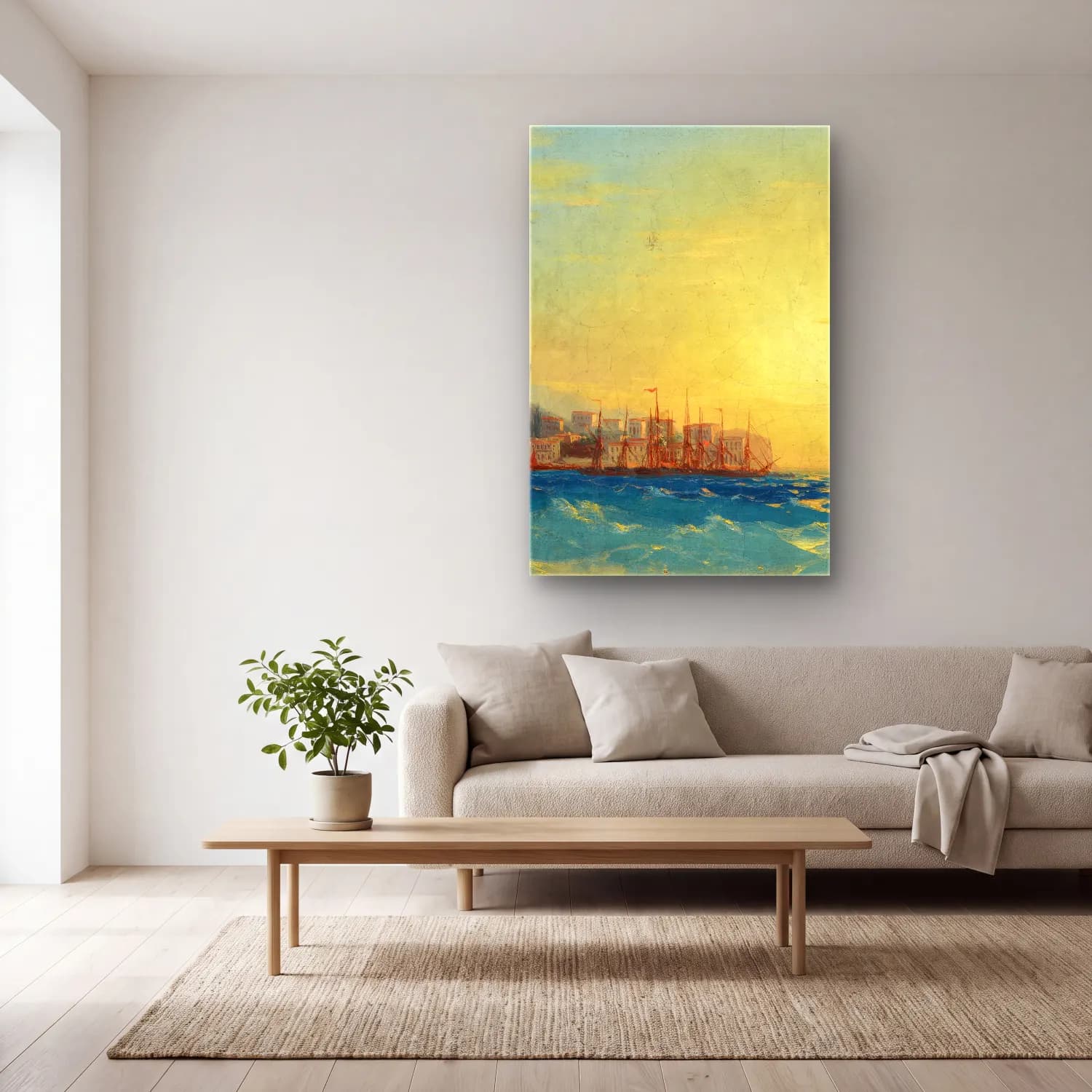 Konstantinovich Aivazovsky – Harbor with Ships – Pastel Tonlar cam tablo — açık renk salonda