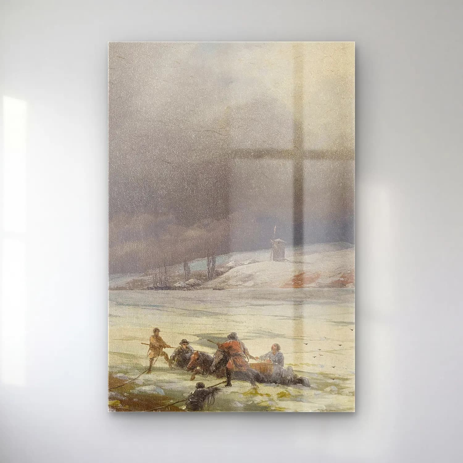 Konstantinovich Aivazovsky – Hauling a Horse and Cart out of the Ice – Bej Tonlar cam tablo — Konstantinovich Aivazovsky – Hauling a Horse and Cart out of the Ice – Bej Tonlar — yağlı boya karlı kış manzarası