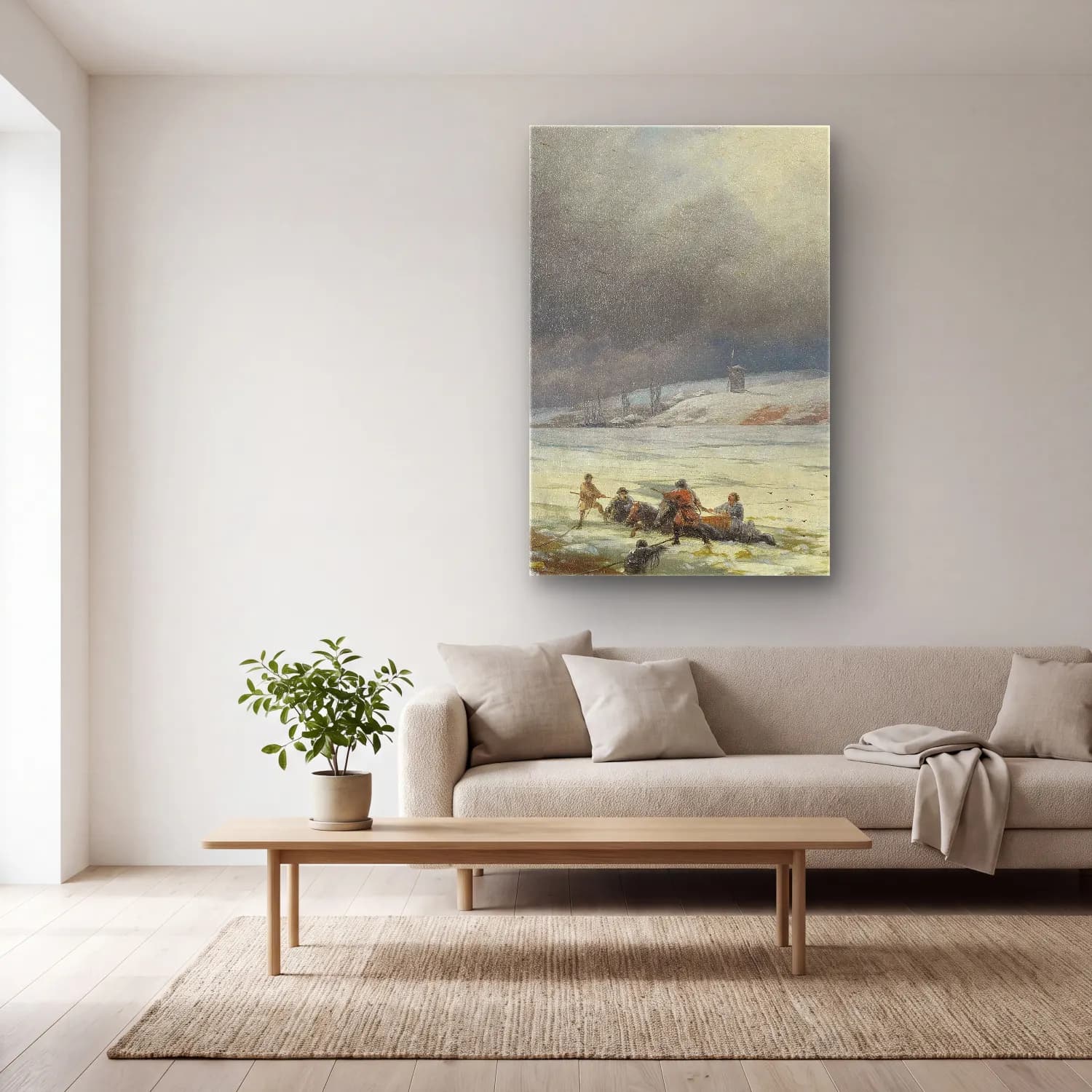 Konstantinovich Aivazovsky – Hauling a Horse and Cart out of the Ice – Bej Tonlar cam tablo — açık renk salonda