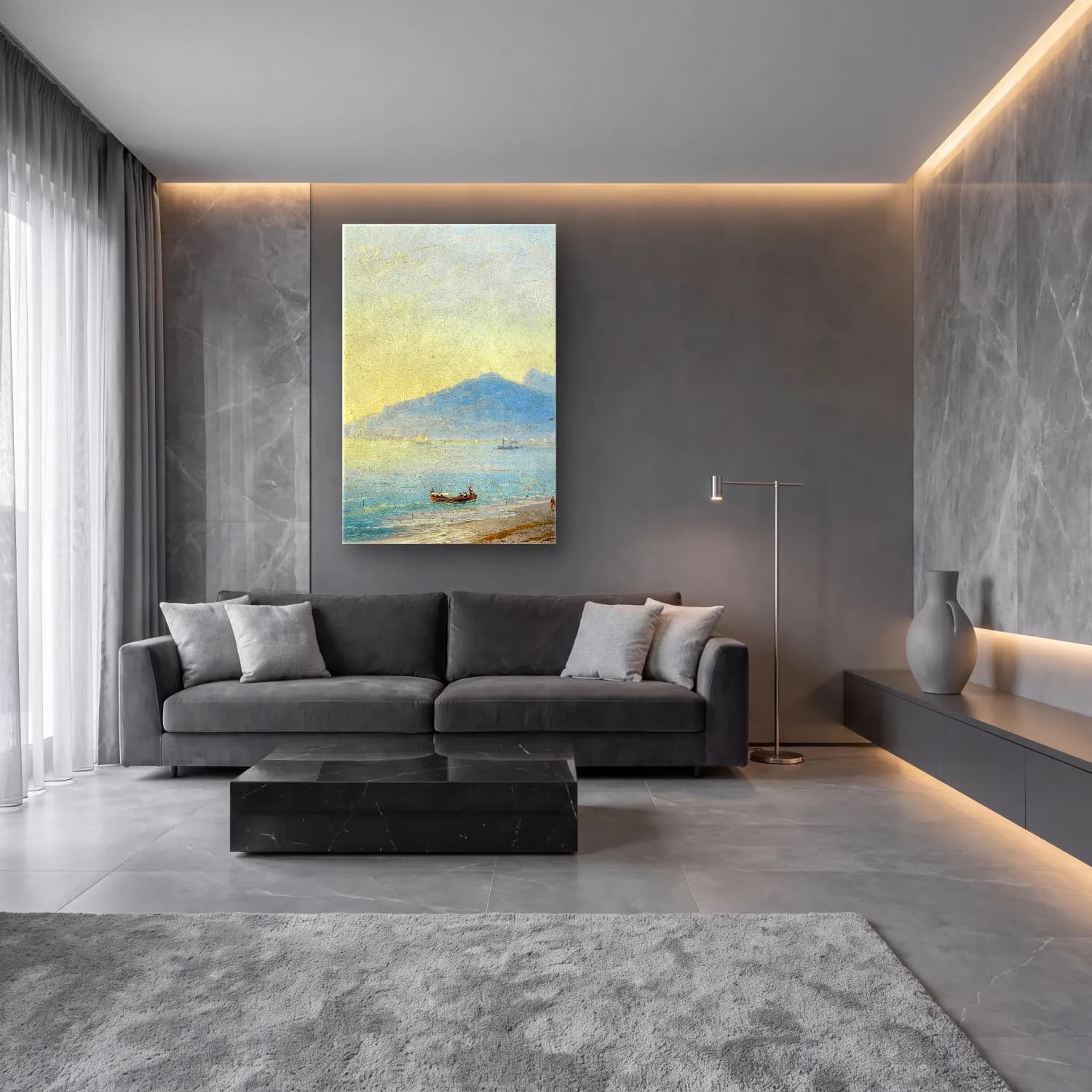 Konstantinovich Aivazovsky – The Bay of Yalta with the Magobi and Ai Petri mountains – Bej Tonlar cam tablo — lüks salon duvarında