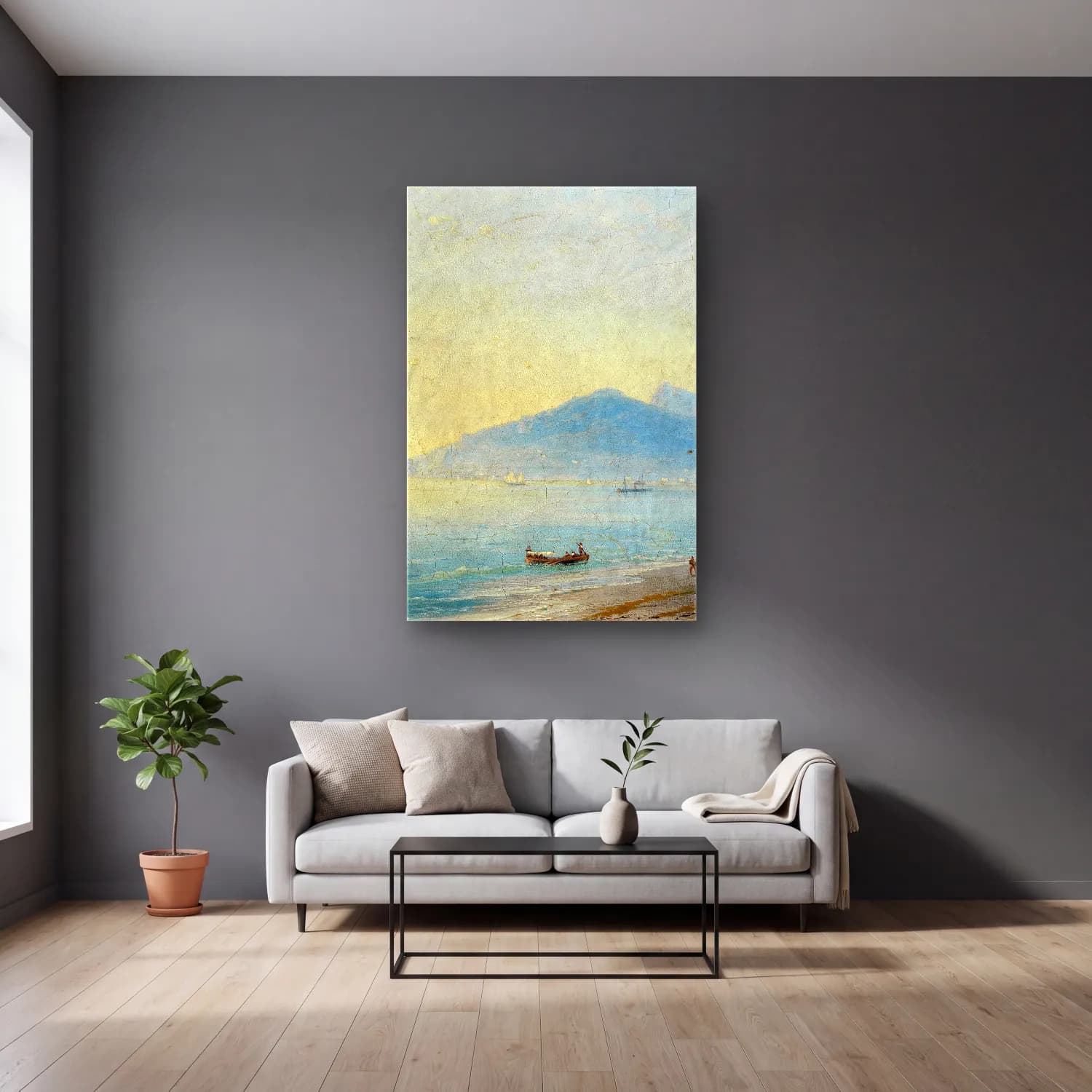 Konstantinovich Aivazovsky – The Bay of Yalta with the Magobi and Ai Petri mountains – Bej Tonlar cam tablo — gri duvarlı salonda
