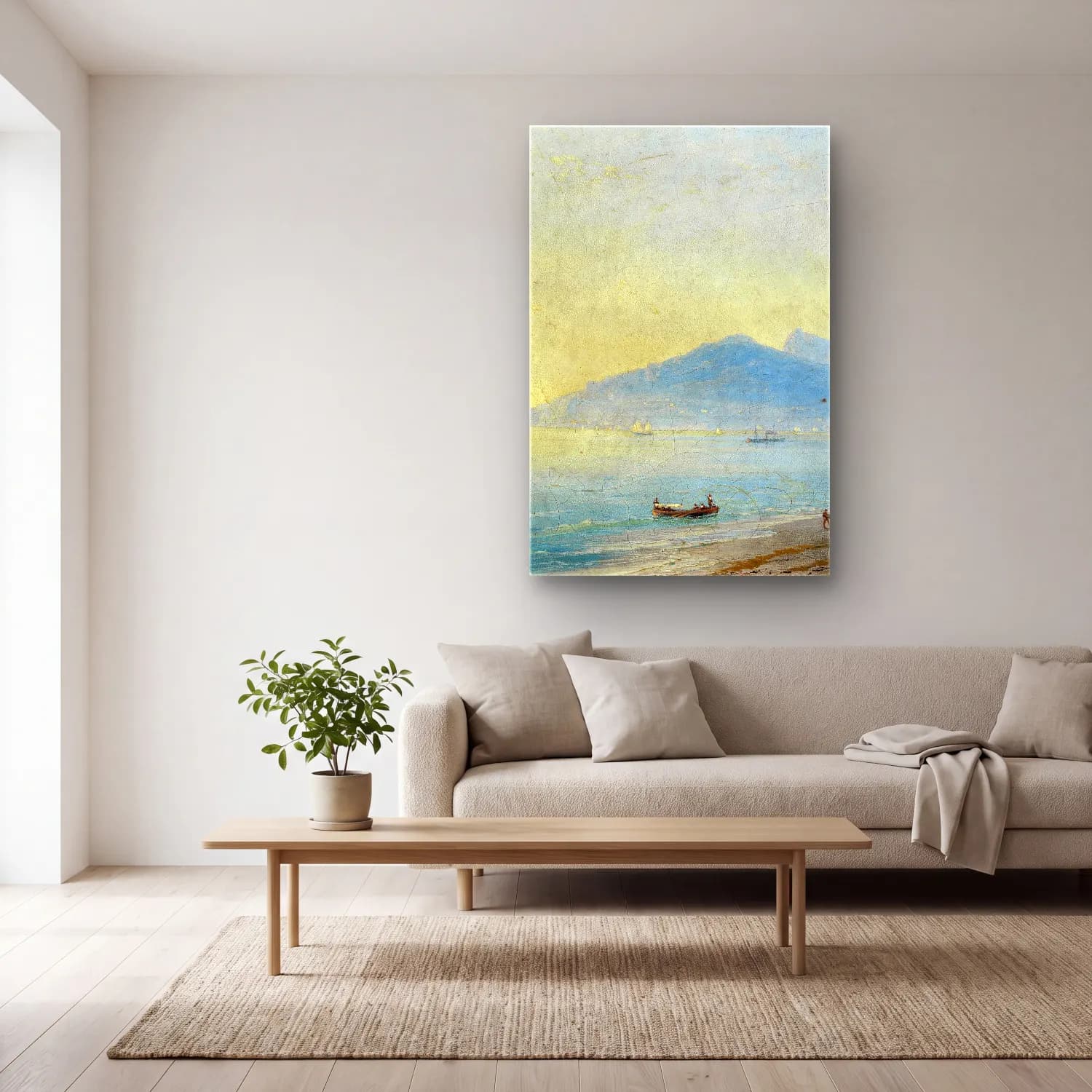 Konstantinovich Aivazovsky – The Bay of Yalta with the Magobi and Ai Petri mountains – Bej Tonlar cam tablo — açık renk salonda