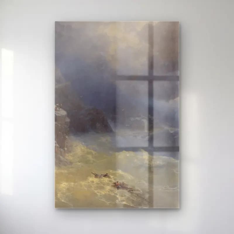 Konstantinovich Aivazovsky – The storm at Cape Aya – Mavi Tonlar cam tablo — Konstantinovich Aivazovsky – The storm at Cape Aya – Mavi Tonlar — yağlı boya fırtınalı denizde gemi