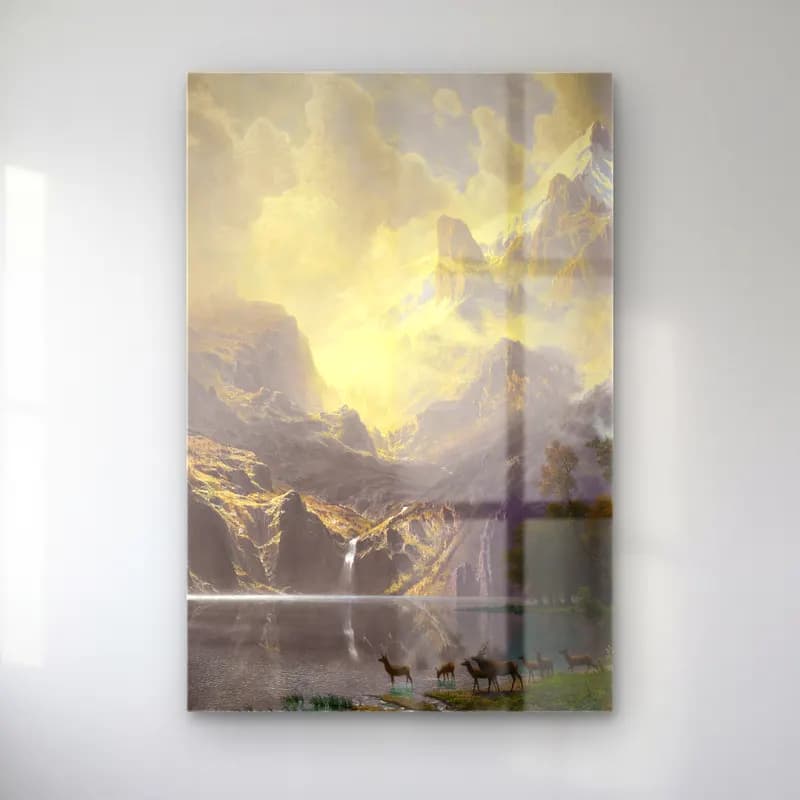 Albert Bierstadt – Among the Sierra Nevada, California – Sarı Tonlar cam tablo — Albert Bierstadt – Among the Sierra Nevada, California – Sarı Tonlar — yağlı boya dağ manzarası
